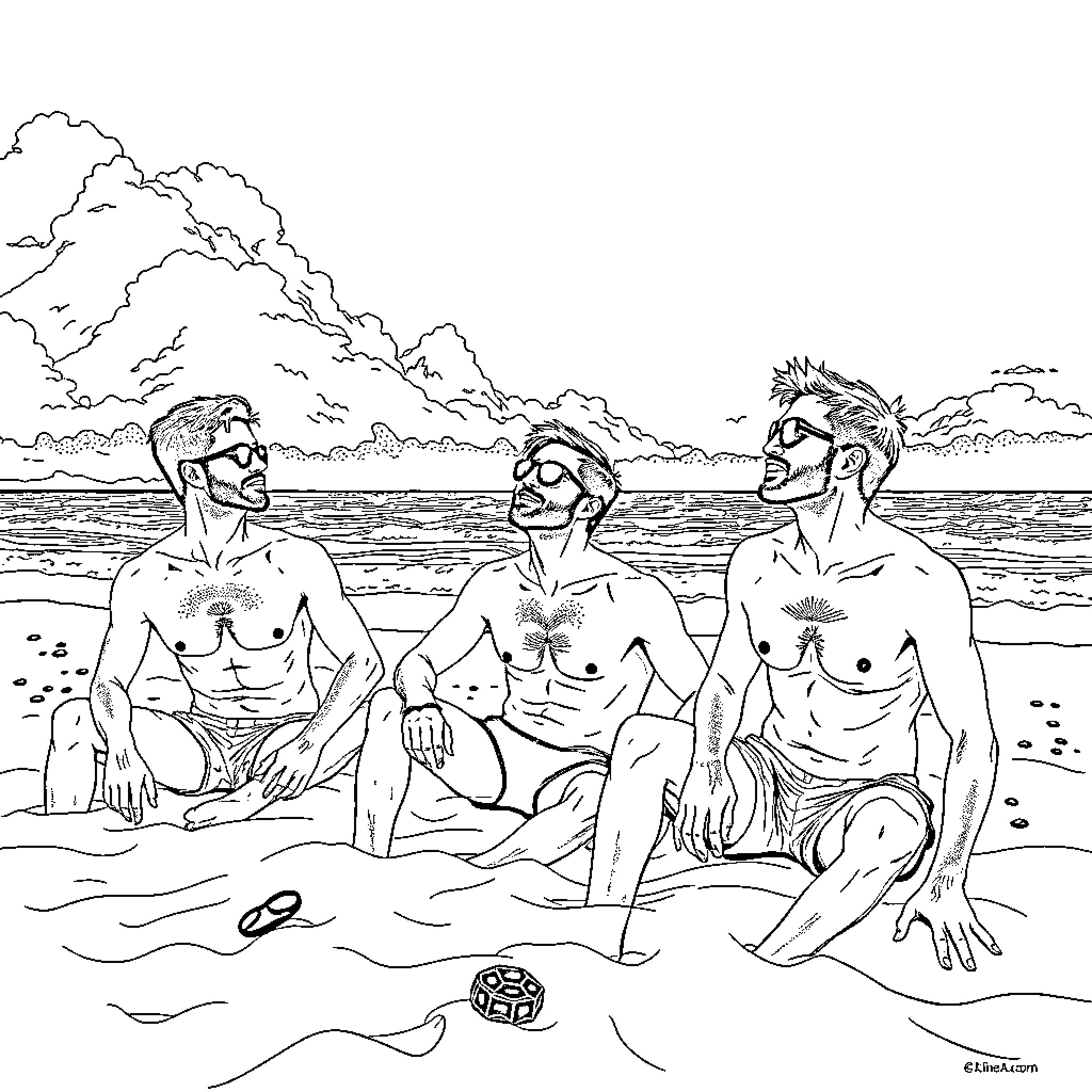 Men relaxing together by the sea Coloring Page (free black-and-white line drawing printable PDF for all, from beginners to advanced learners, including children, teens, adults, and seniors)