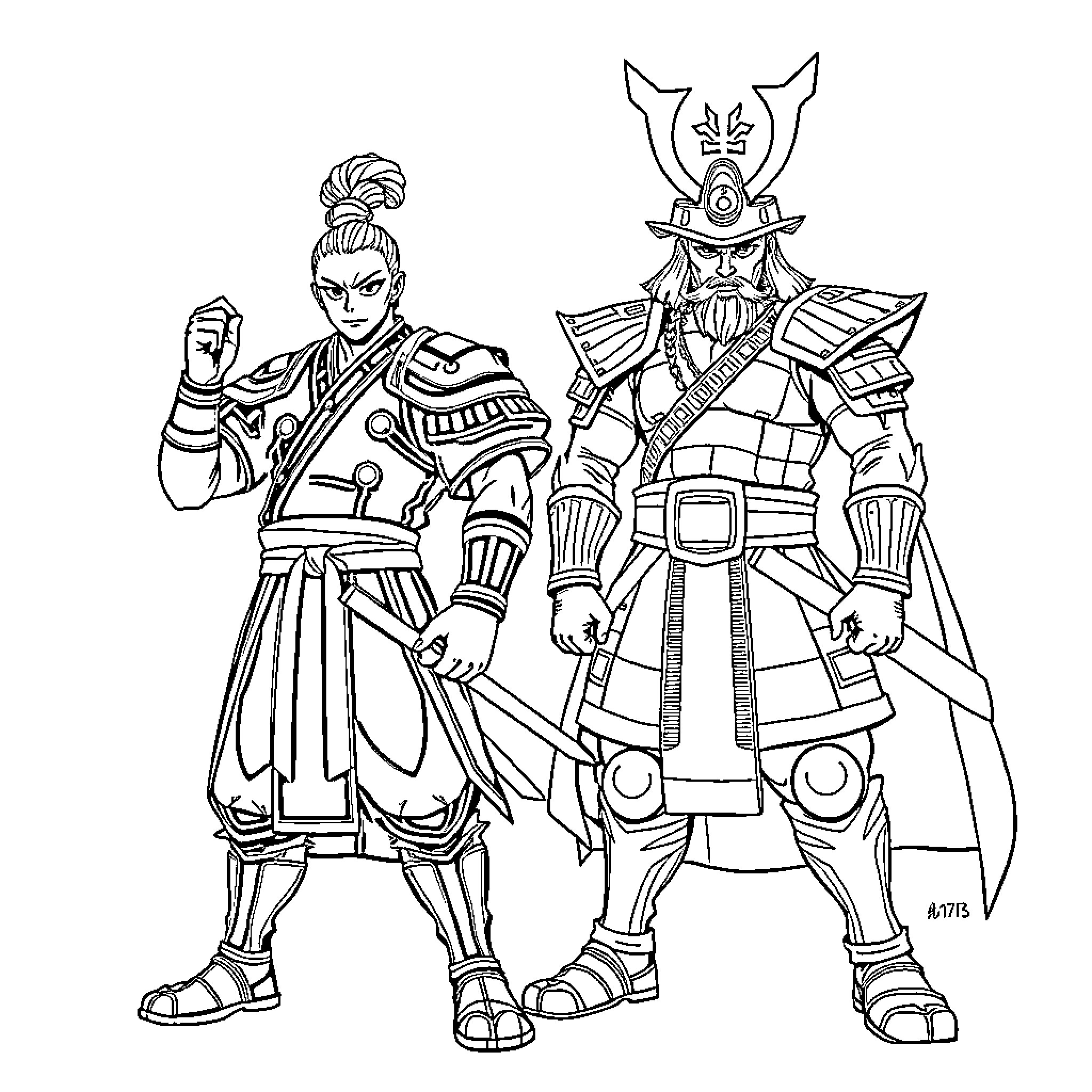 Tengen Samurai Warriors in Striking Poses Coloring Page (free black-and-white line drawing printable PDF for all, from beginners to advanced learners, including children, teens, adults, and seniors)