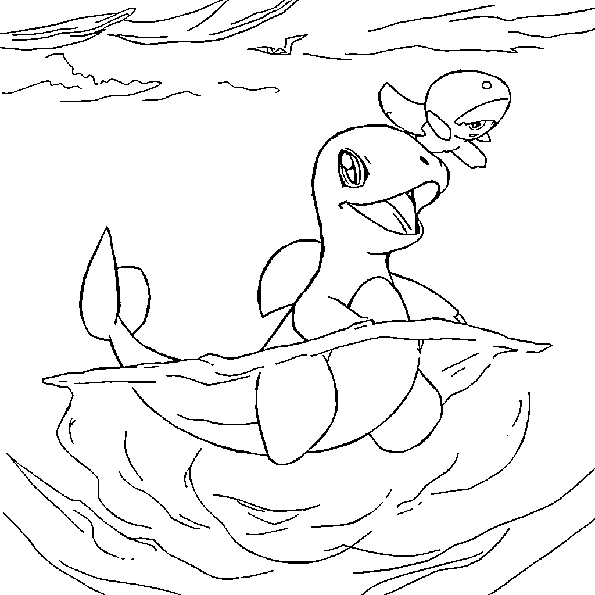 Charmander surfing in the ocean Coloring Page (free black-and-white line drawing printable PDF for all, from beginners to advanced learners, including children, teens, adults, and seniors)