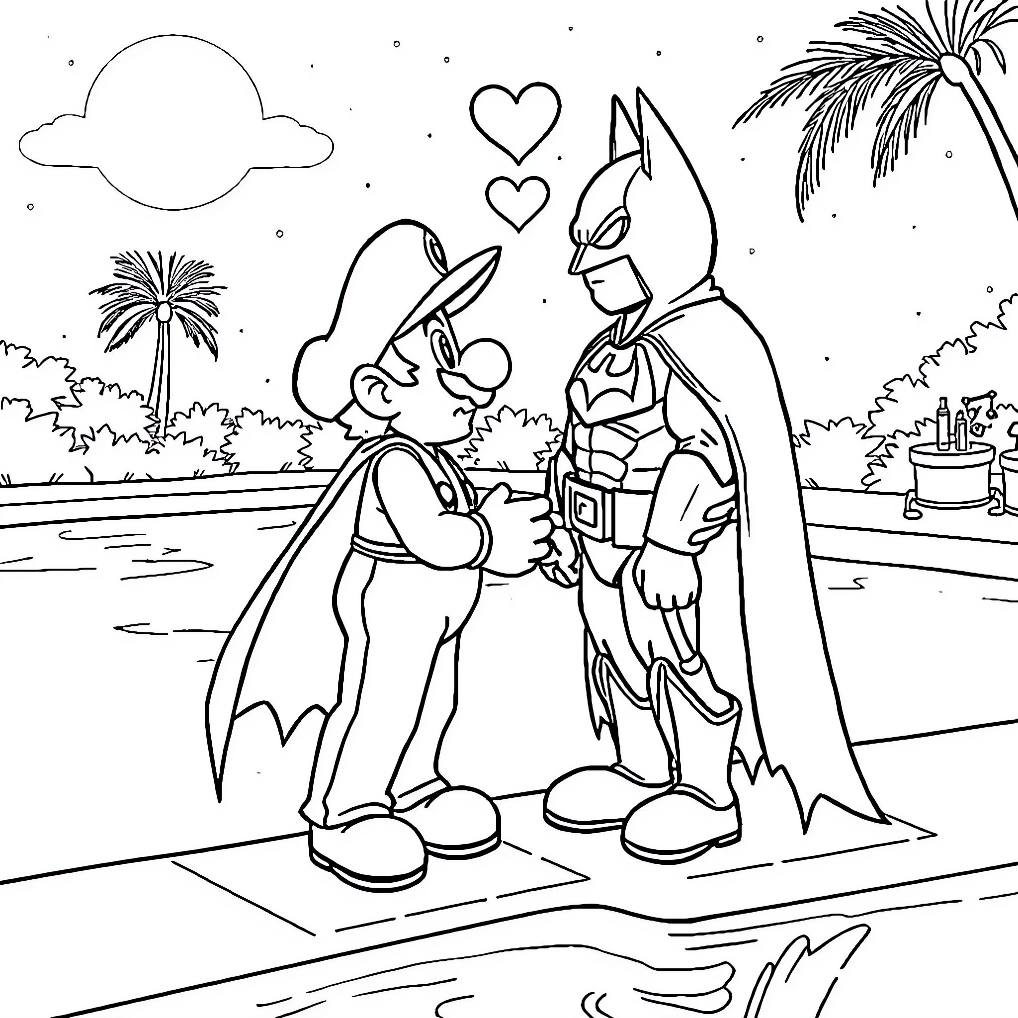 Mario and Batman exchange hearts in tropical setting Coloring Page (free black-and-white line drawing printable PDF for all, from beginners to advanced learners, including children, teens, adults, and seniors)