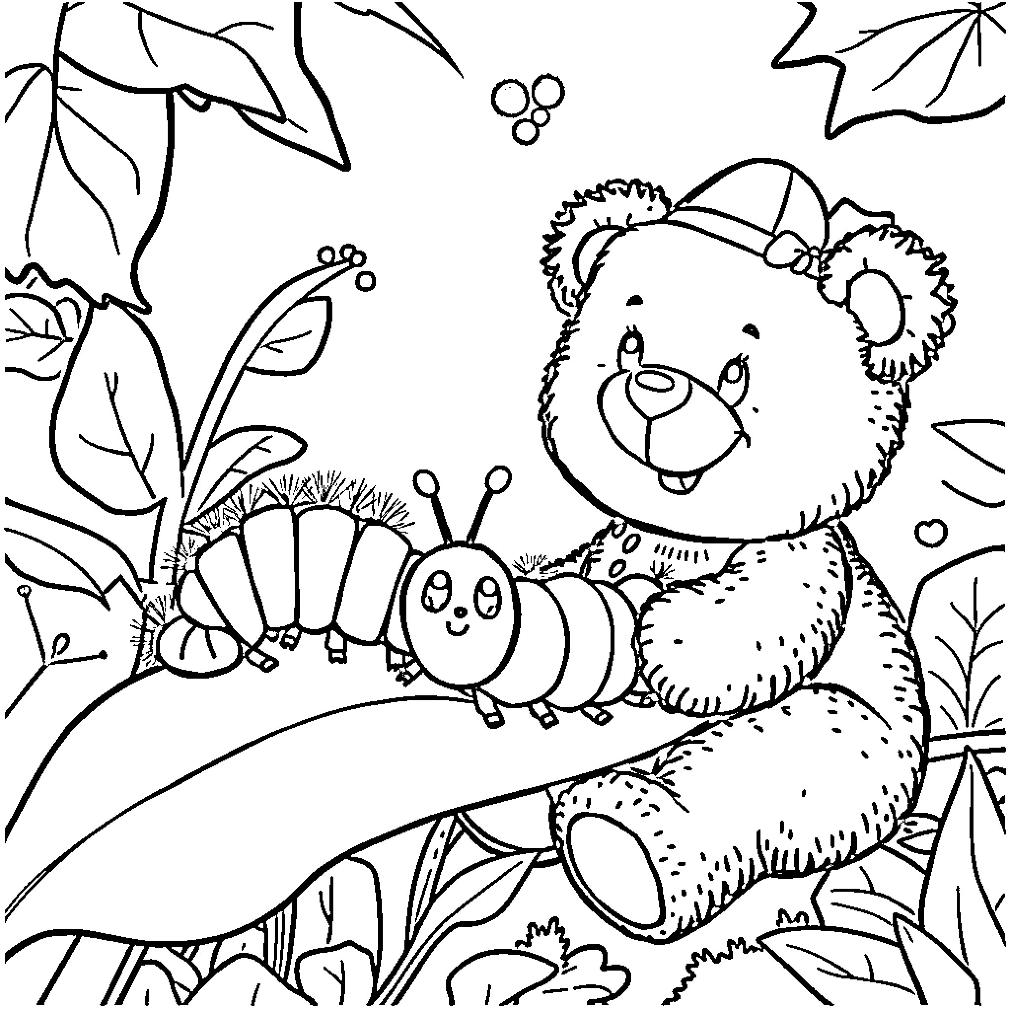 Teddy Bear exploring nature with caterpillar friend Coloring Page (free black-and-white line drawing printable PDF for all, from beginners to advanced learners, including children, teens, adults, and seniors)