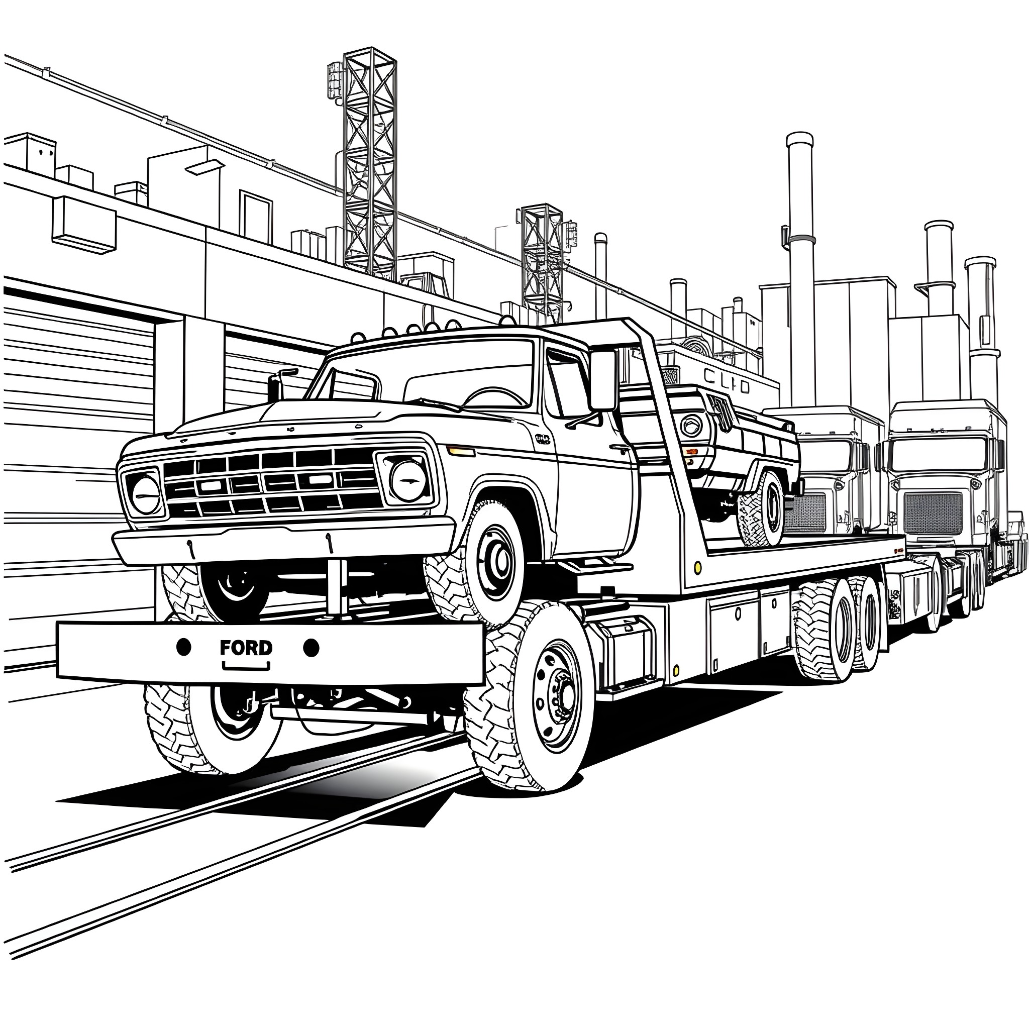 Truck transporting industrial equipment in urban setting Coloring Page (free black-and-white line drawing printable PDF for all, from beginners to advanced learners, including children, teens, adults, and seniors)