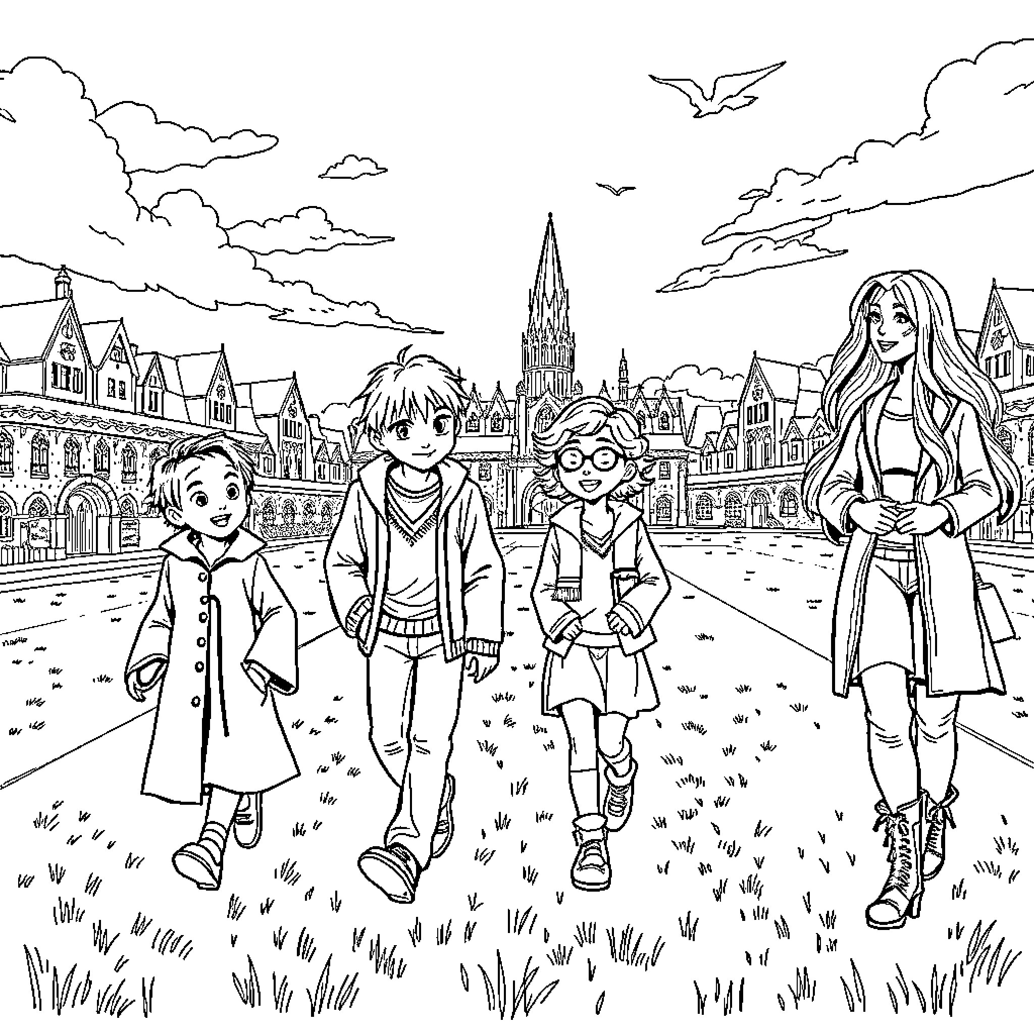 Quidditch Players Exploring a Magical Town Coloring Page (free black-and-white line drawing printable PDF for all, from beginners to advanced learners, including children, teens, adults, and seniors)