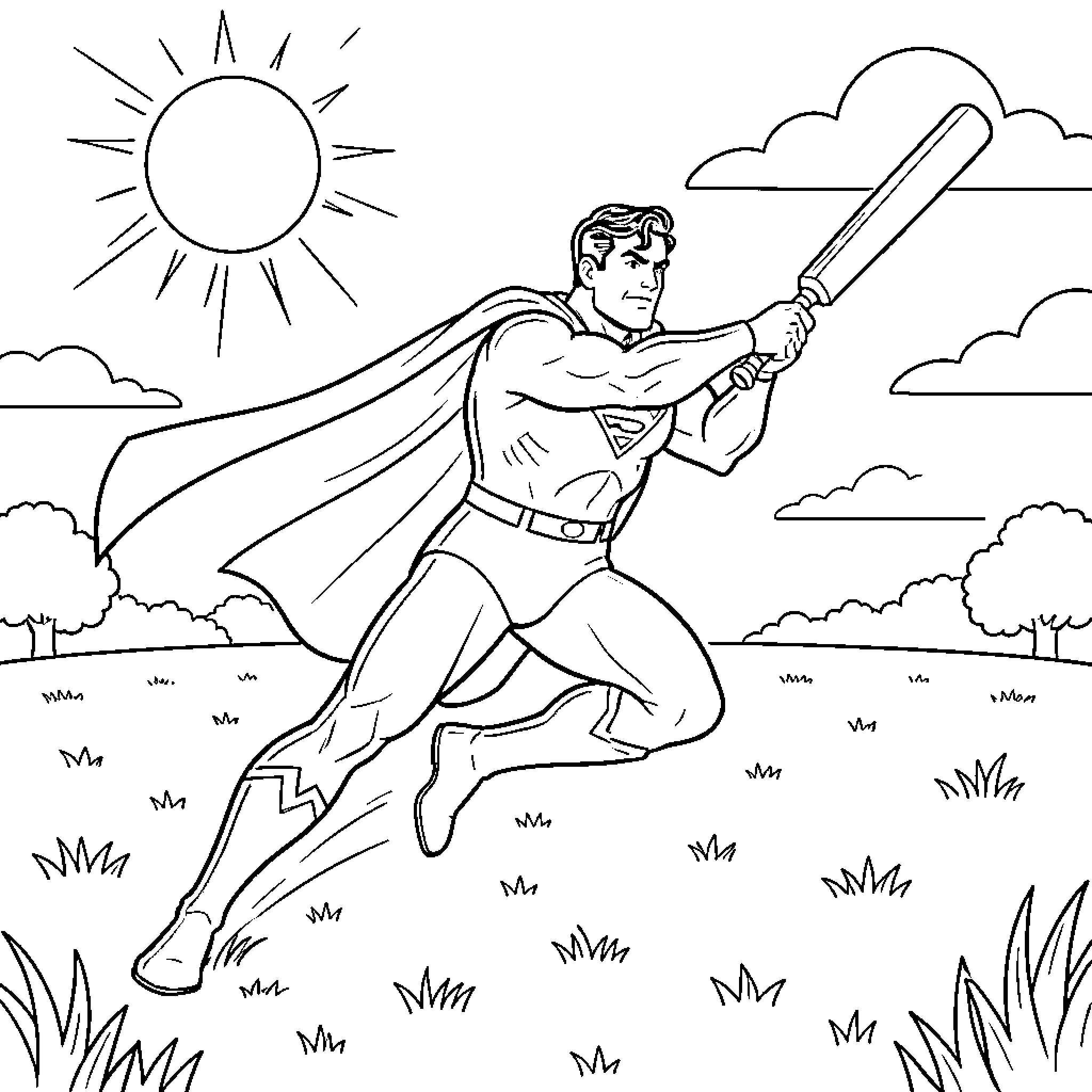 Superman flying with bat swing in the sky Coloring Page (free black-and-white line drawing printable PDF for all, from beginners to advanced learners, including children, teens, adults, and seniors)