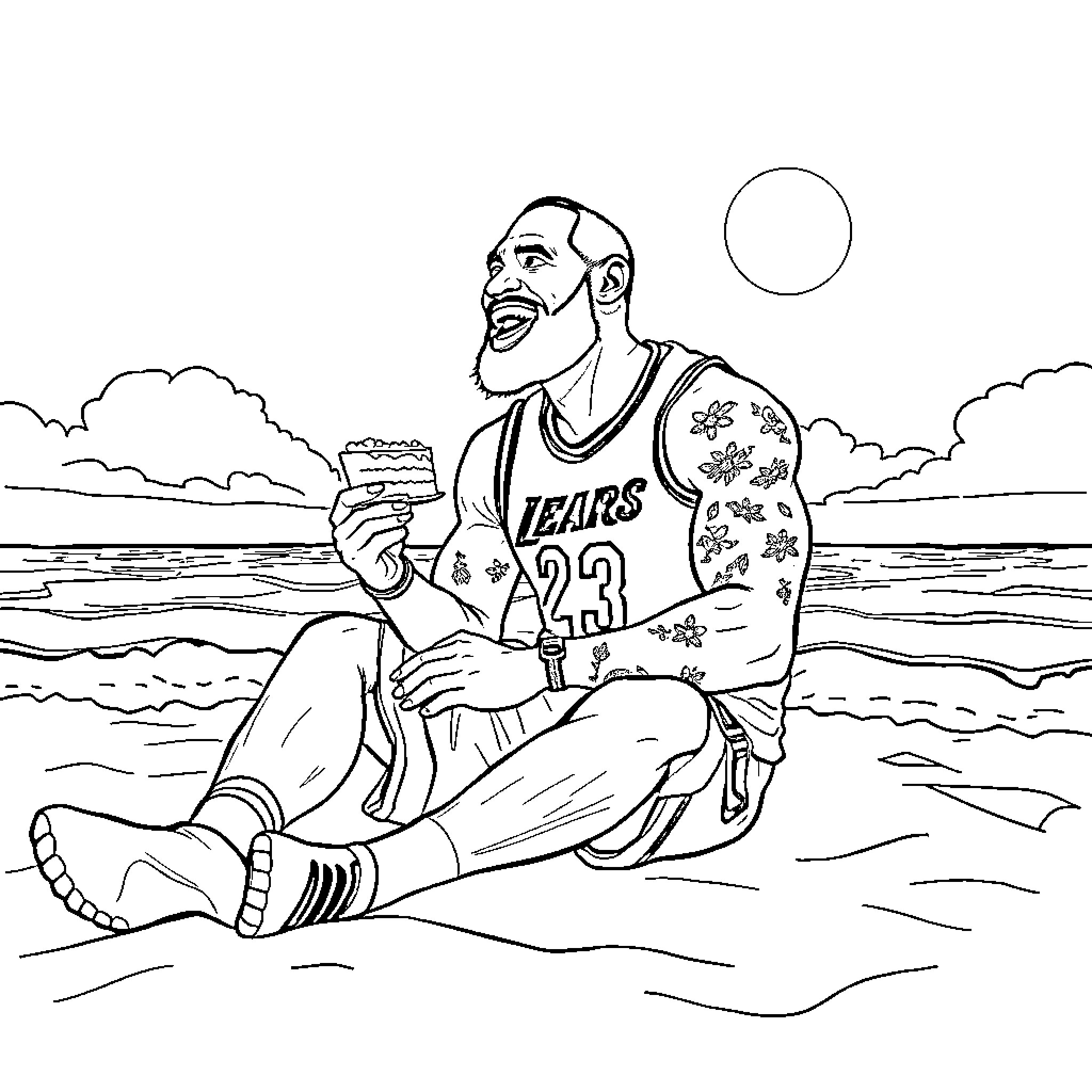 LeBron James enjoying a snack on the beach Coloring Page (free black-and-white line drawing printable PDF for all, from beginners to advanced learners, including children, teens, adults, and seniors)