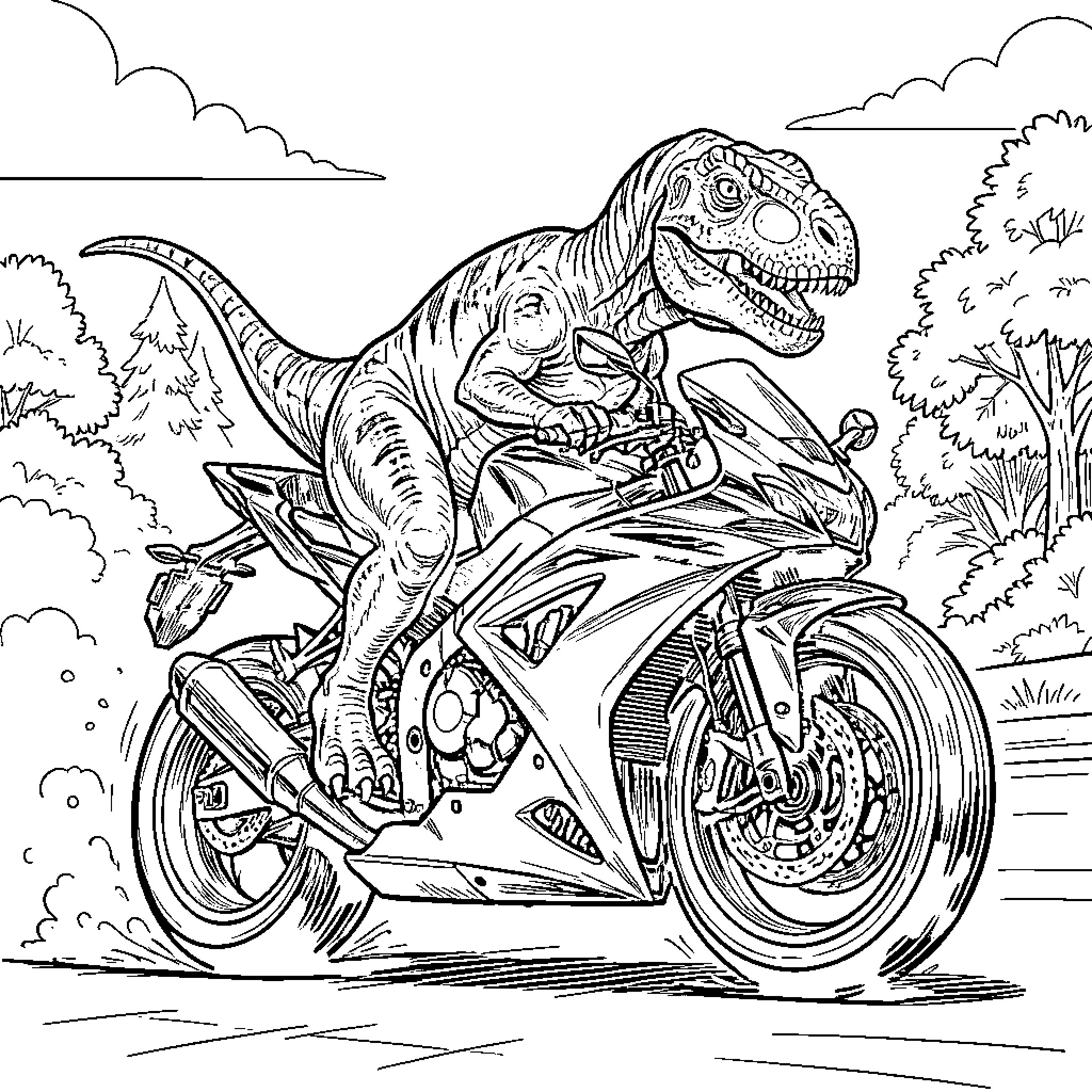Dinosaur riding a motorcycle through the wilderness Coloring Page (free black-and-white line drawing printable PDF for all, from beginners to advanced learners, including children, teens, adults, and seniors)