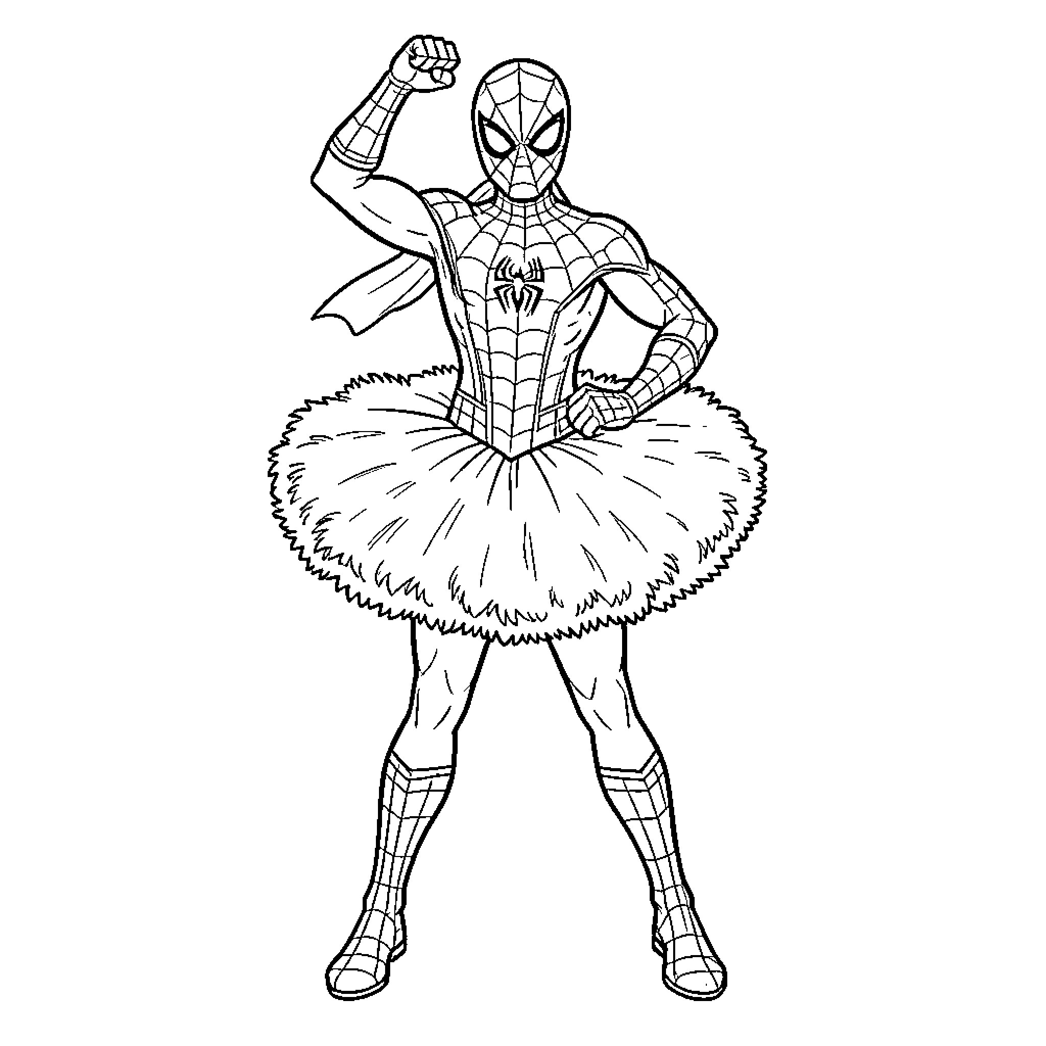 Spiderman posing heroically in a fluffy tutu Coloring Page (free black-and-white line drawing printable PDF for all, from beginners to advanced learners, including children, teens, adults, and seniors)