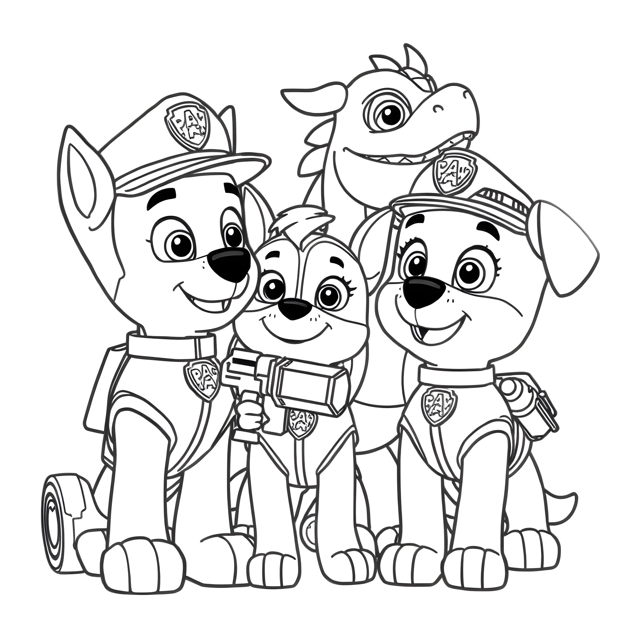 Paw Patrol characters in uniforms posing together Coloring Page (free black-and-white line drawing printable PDF for all, from beginners to advanced learners, including children, teens, adults, and seniors)