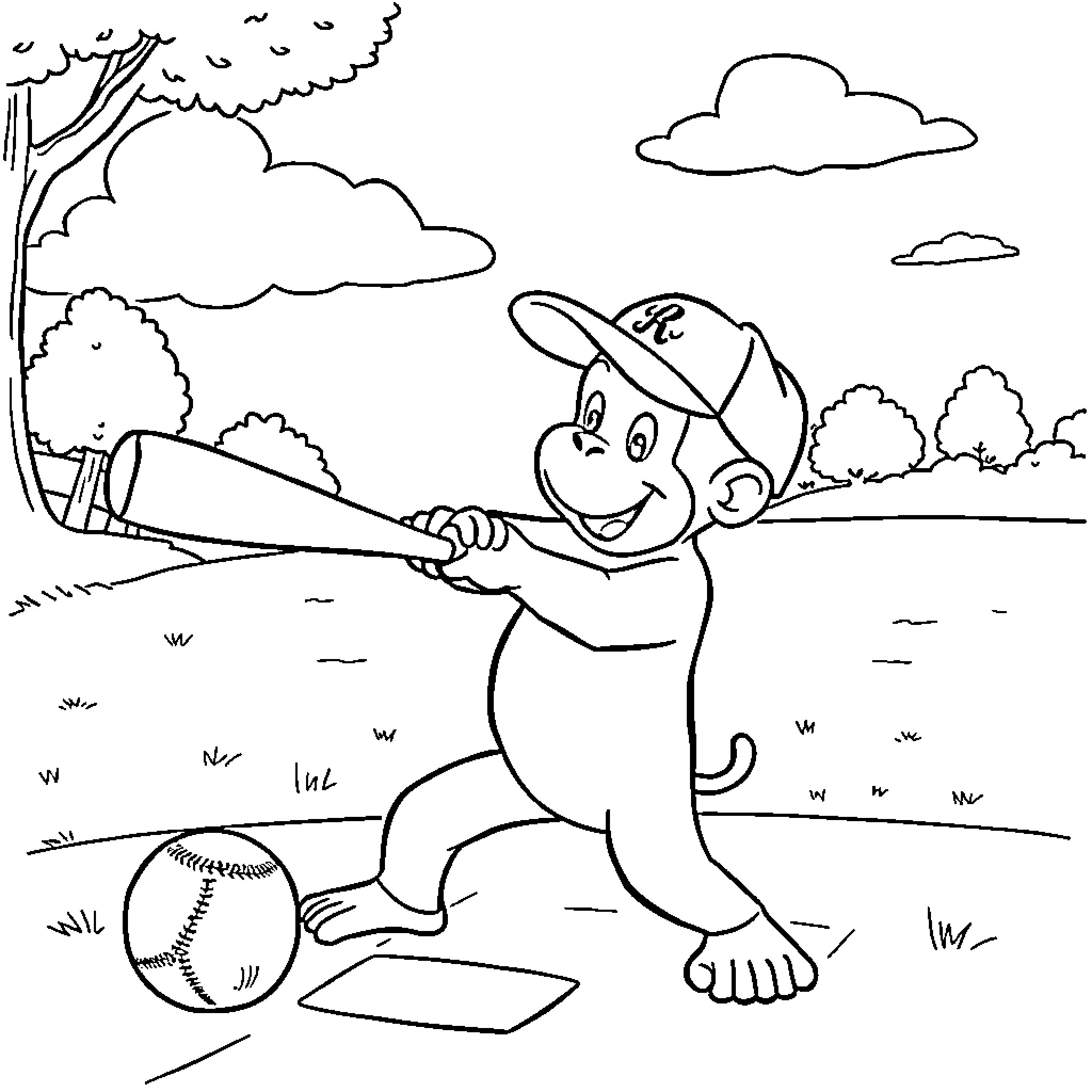 Curious George playing baseball in the park Coloring Page (free black-and-white line drawing printable PDF for all, from beginners to advanced learners, including children, teens, adults, and seniors)