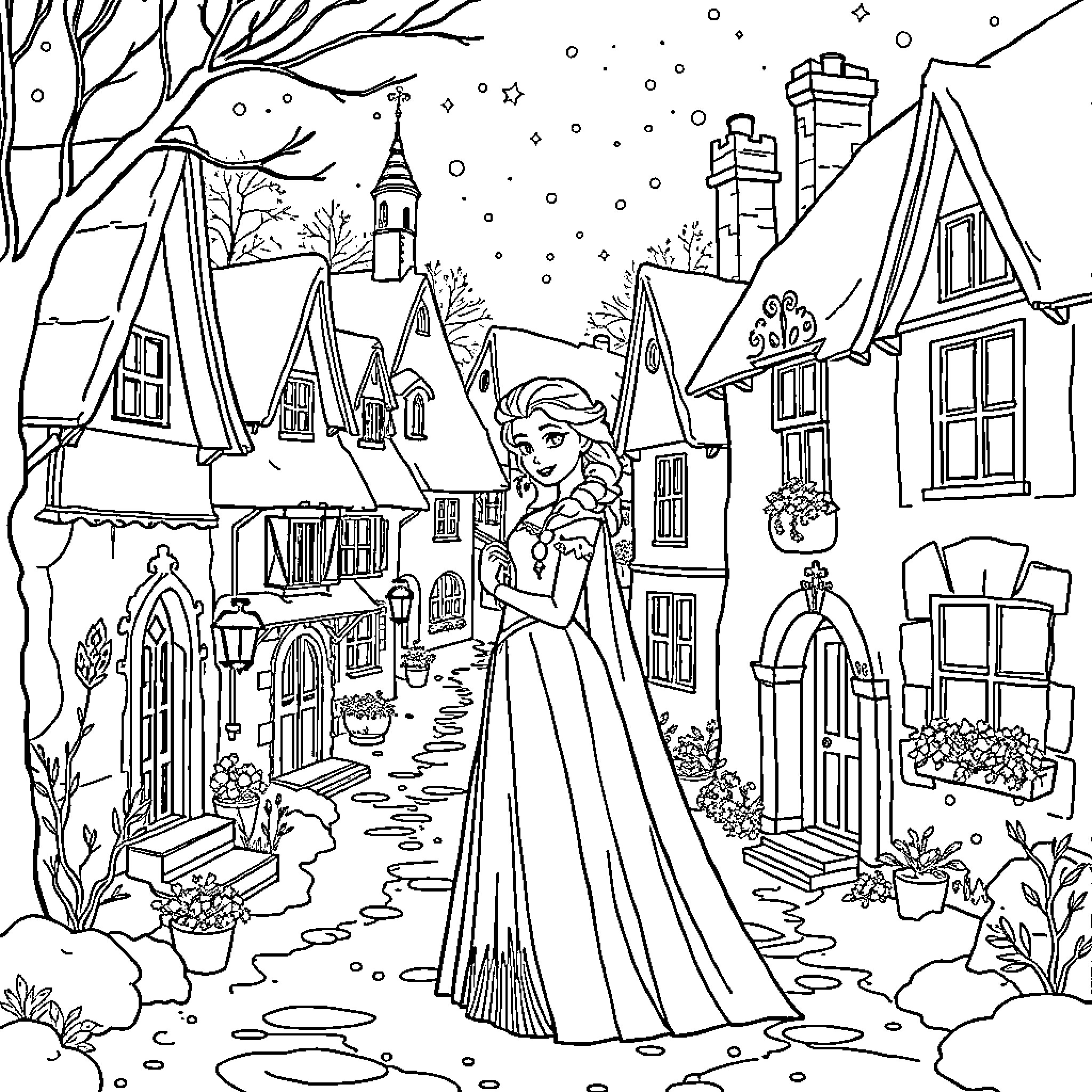 Princess in a Snowy Winter Wonderland Coloring Page (free black-and-white line drawing printable PDF for all, from beginners to advanced learners, including children, teens, adults, and seniors)