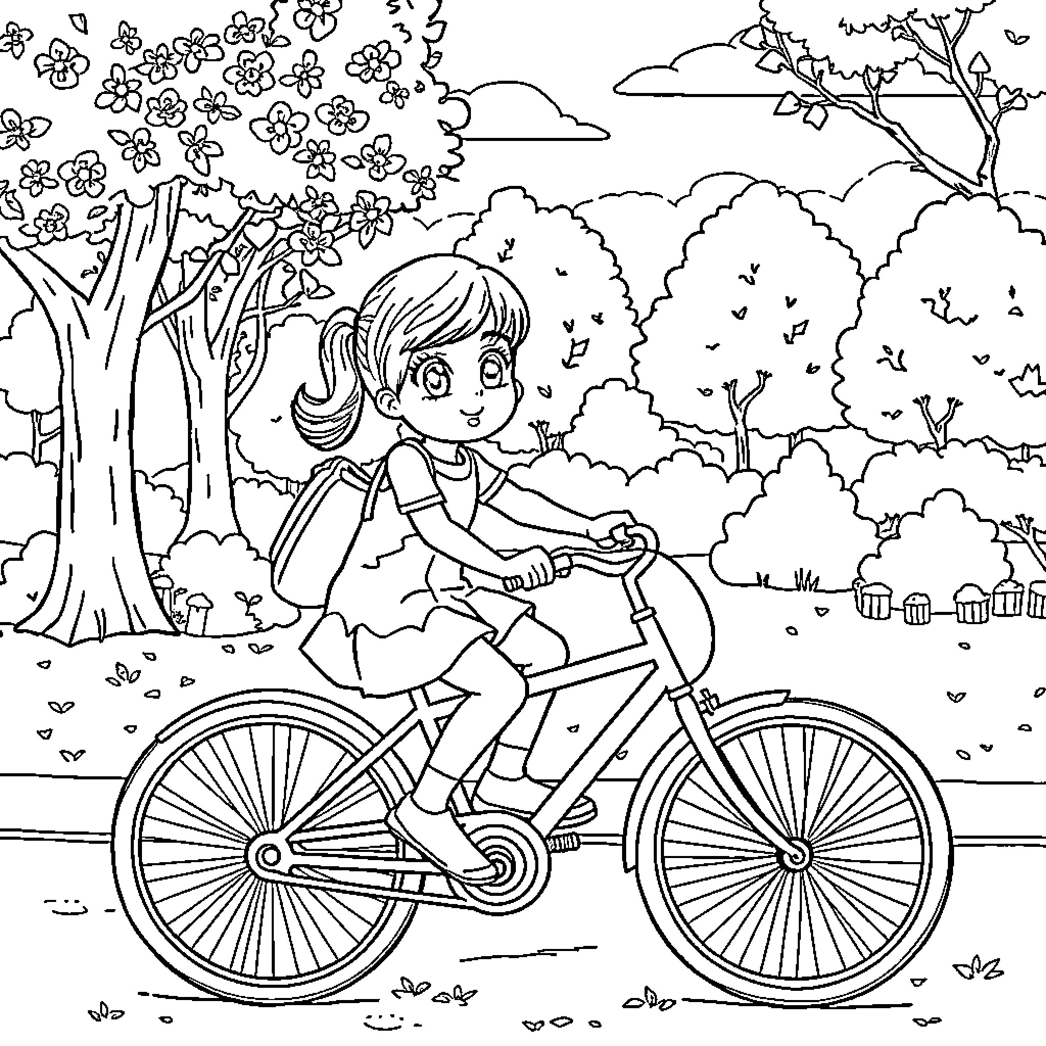 Girl riding bike in blooming spring landscape Coloring Page (free black-and-white line drawing printable PDF for all, from beginners to advanced learners, including children, teens, adults, and seniors)