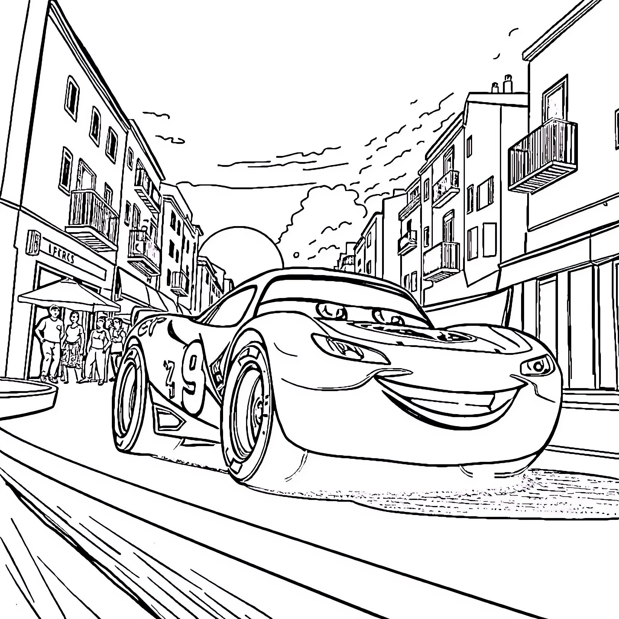 Flash McQueen racing through the city streets Coloring Page (free black-and-white line drawing printable PDF for all, from beginners to advanced learners, including children, teens, adults, and seniors)