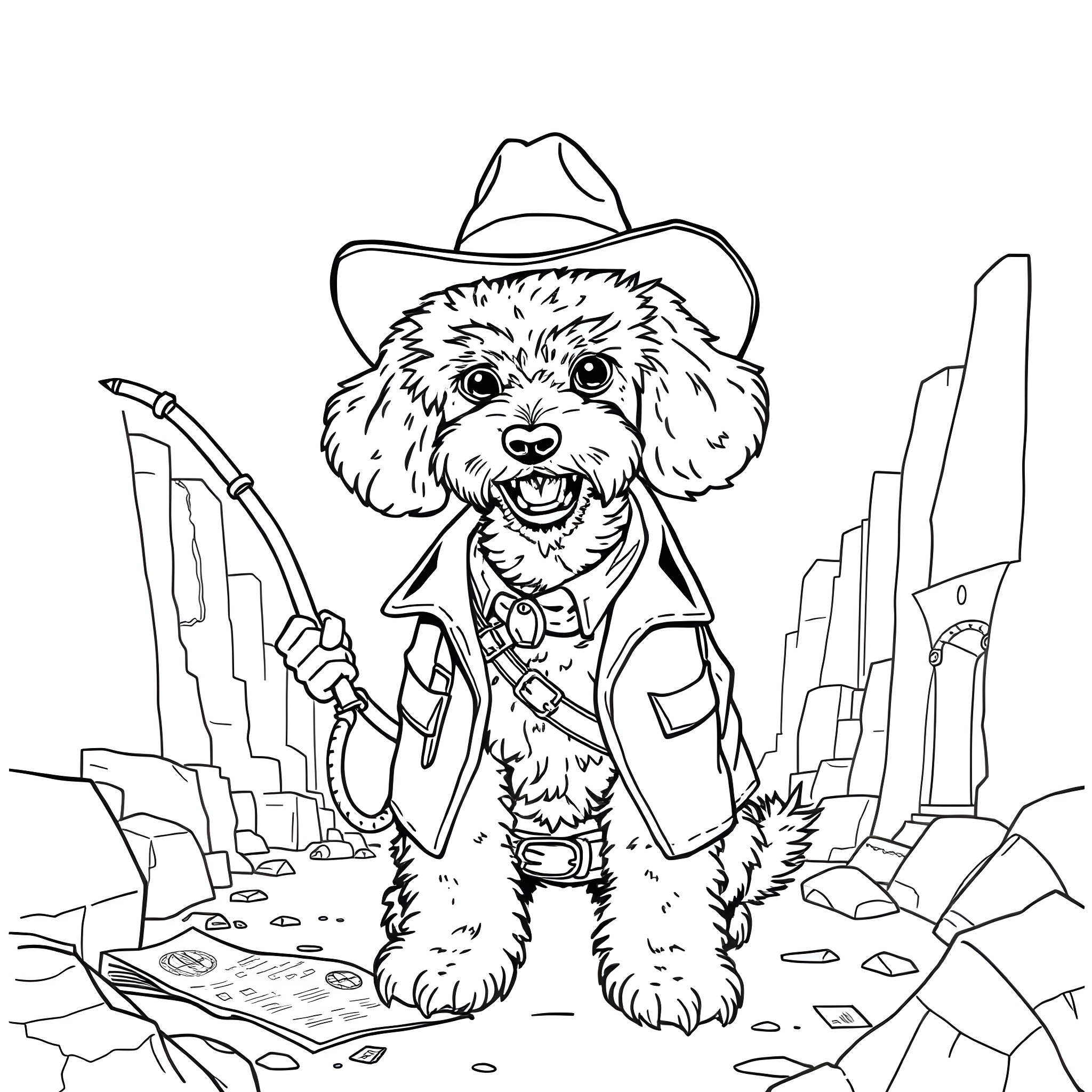 Poodle Cowboy Exploring the Wild West Coloring Page (free black-and-white line drawing printable PDF for all, from beginners to advanced learners, including children, teens, adults, and seniors)