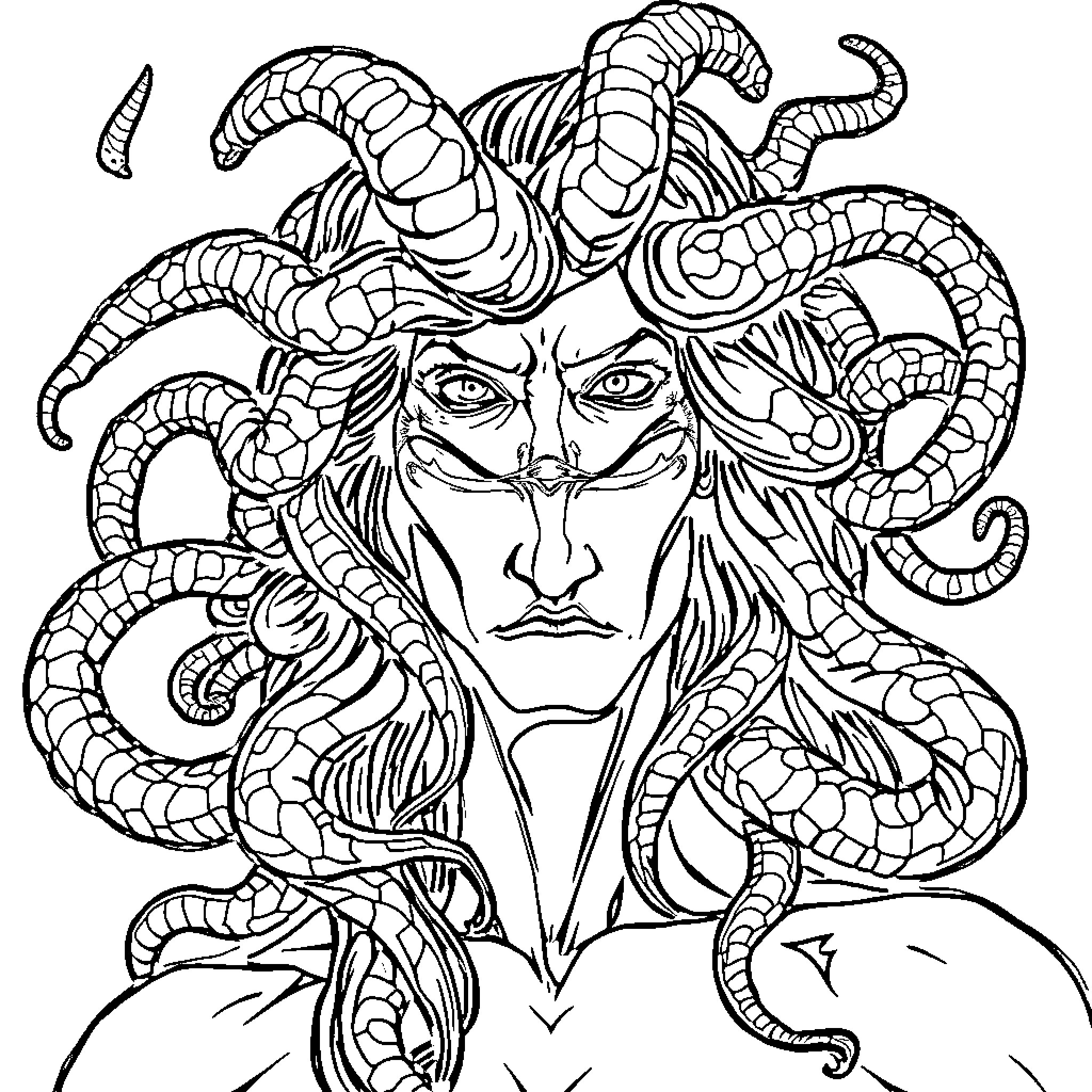 Medusa's Gaze: A Mythic Visage Surrounded by Serpents Coloring Page (free black-and-white line drawing printable PDF for all, from beginners to advanced learners, including children, teens, adults, and seniors)