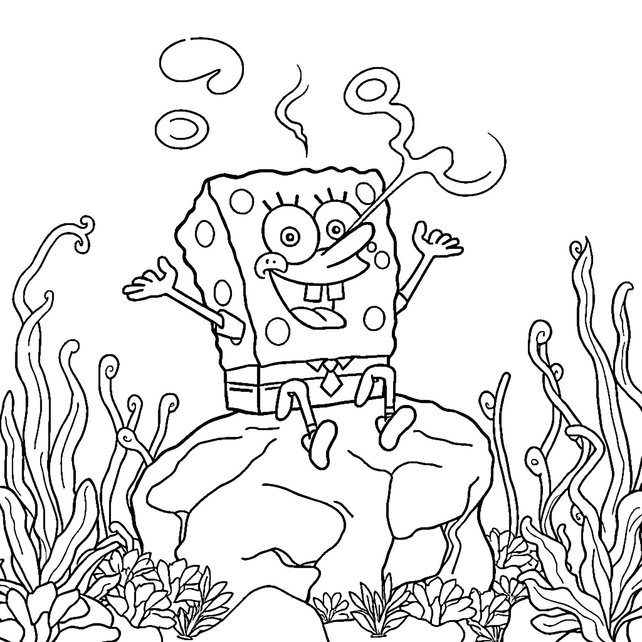 Spongebob exploring the underwater world Coloring Page (free black-and-white line drawing printable PDF for all, from beginners to advanced learners, including children, teens, adults, and seniors)
