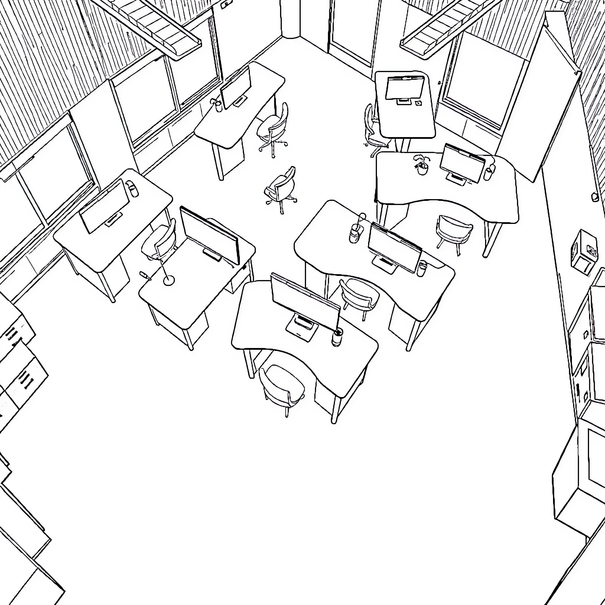 Desk workspace with various office items Coloring Page (free black-and-white line drawing printable PDF for all, from beginners to advanced learners, including children, teens, adults, and seniors)