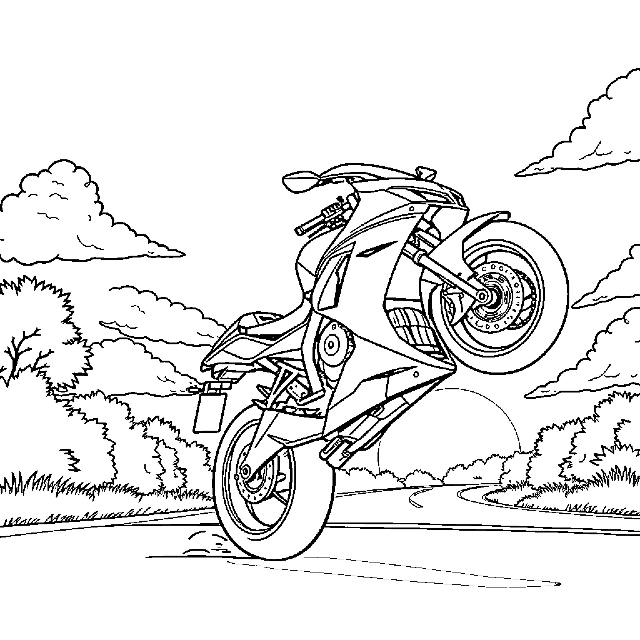 Sportbike rider on the open road Coloring Page (free black-and-white line drawing printable PDF for all, from beginners to advanced learners, including children, teens, adults, and seniors)