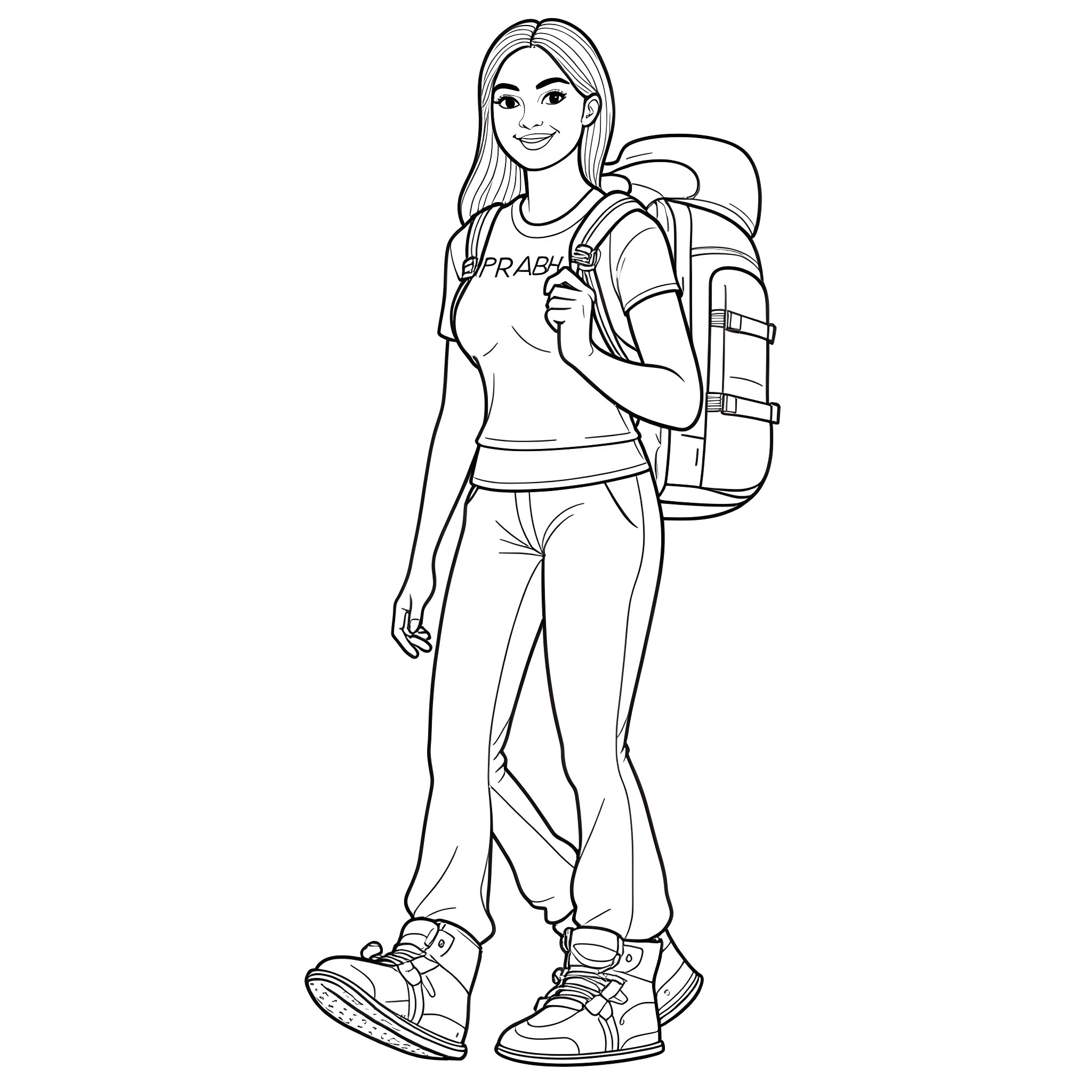 Lady in active wear with backpack posing Coloring Page (free black-and-white line drawing printable PDF for all, from beginners to advanced learners, including children, teens, adults, and seniors)