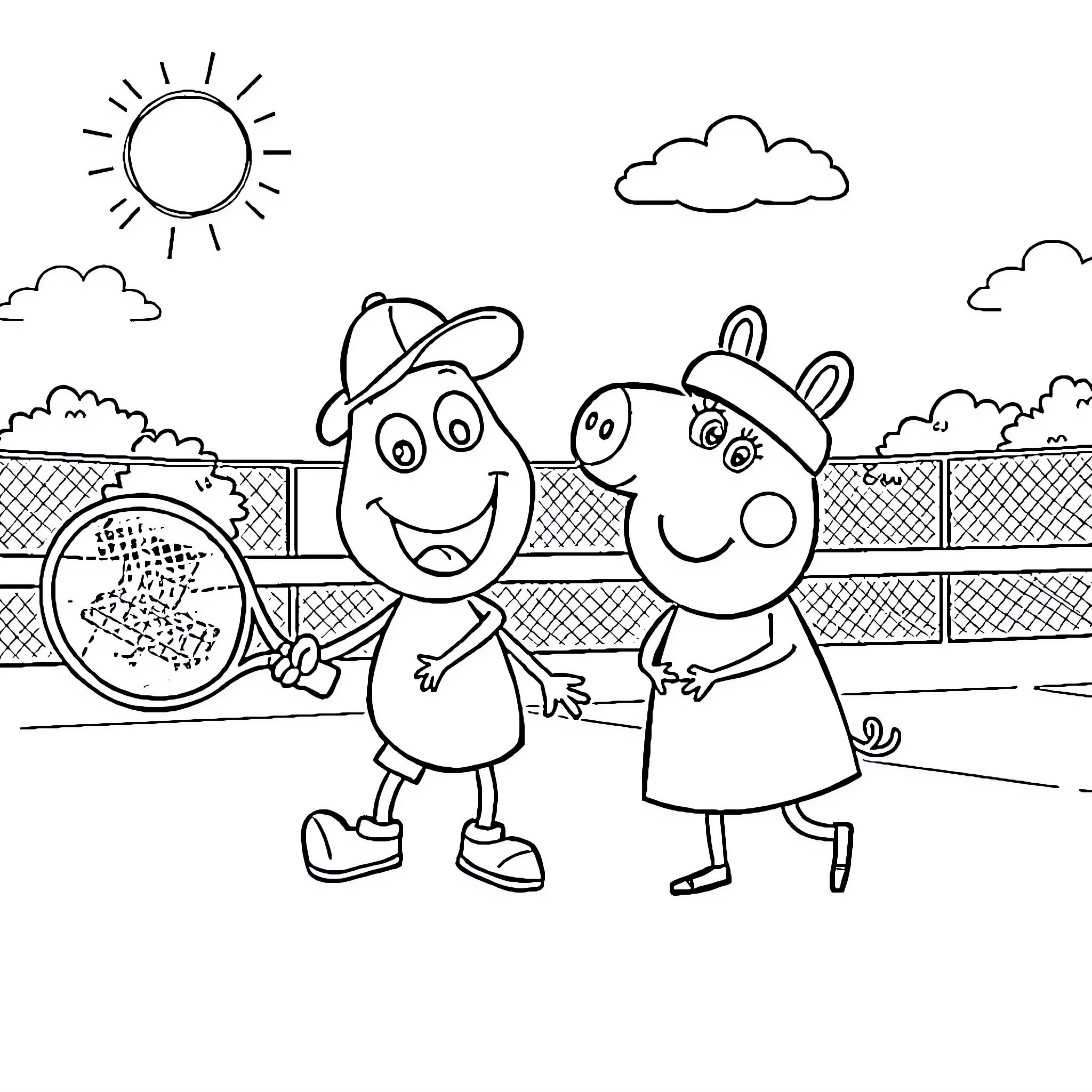 Bluey and Bingo playing in the park Coloring Page (free black-and-white line drawing printable PDF for all, from beginners to advanced learners, including children, teens, adults, and seniors)