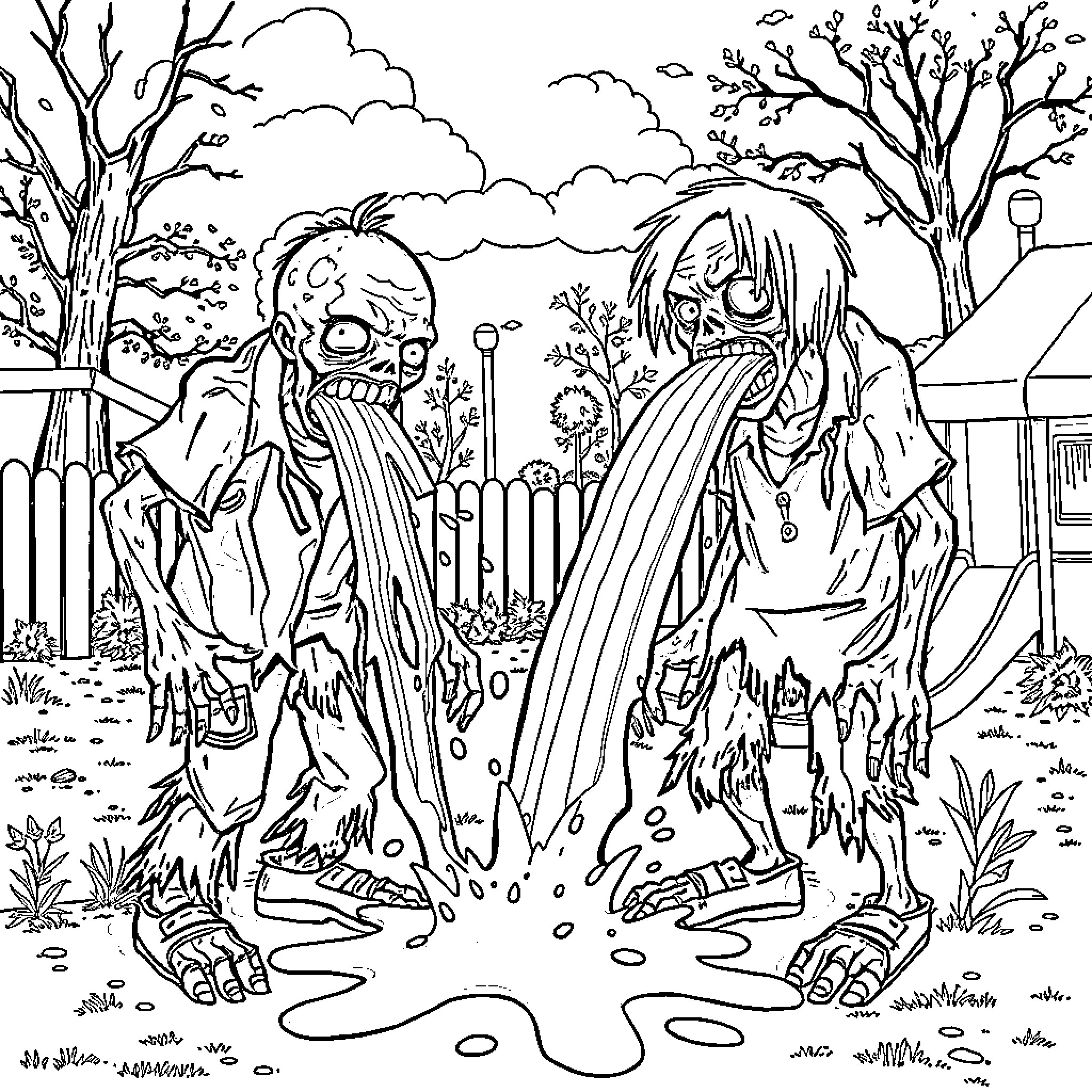 Zombie Apocalypse in the Neighborhood Coloring Page (free black-and-white line drawing printable PDF for all, from beginners to advanced learners, including children, teens, adults, and seniors)