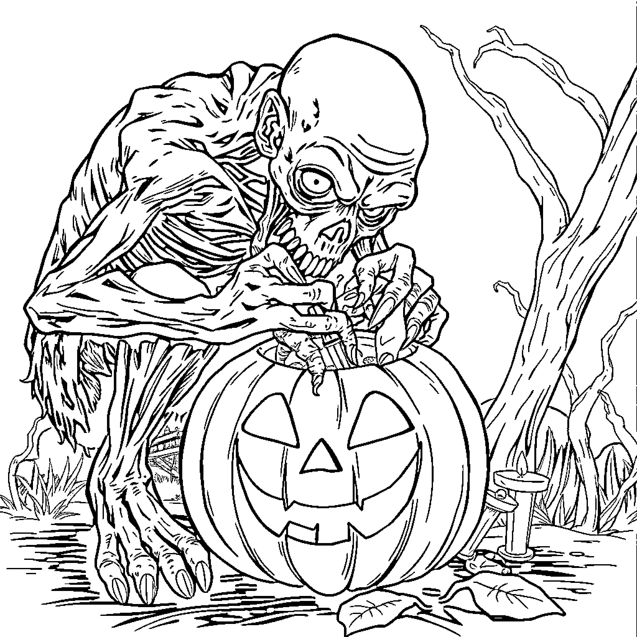 Zombie Emerging from Pumpkin on Halloween Night Coloring Page (free black-and-white line drawing printable PDF for all, from beginners to advanced learners, including children, teens, adults, and seniors)