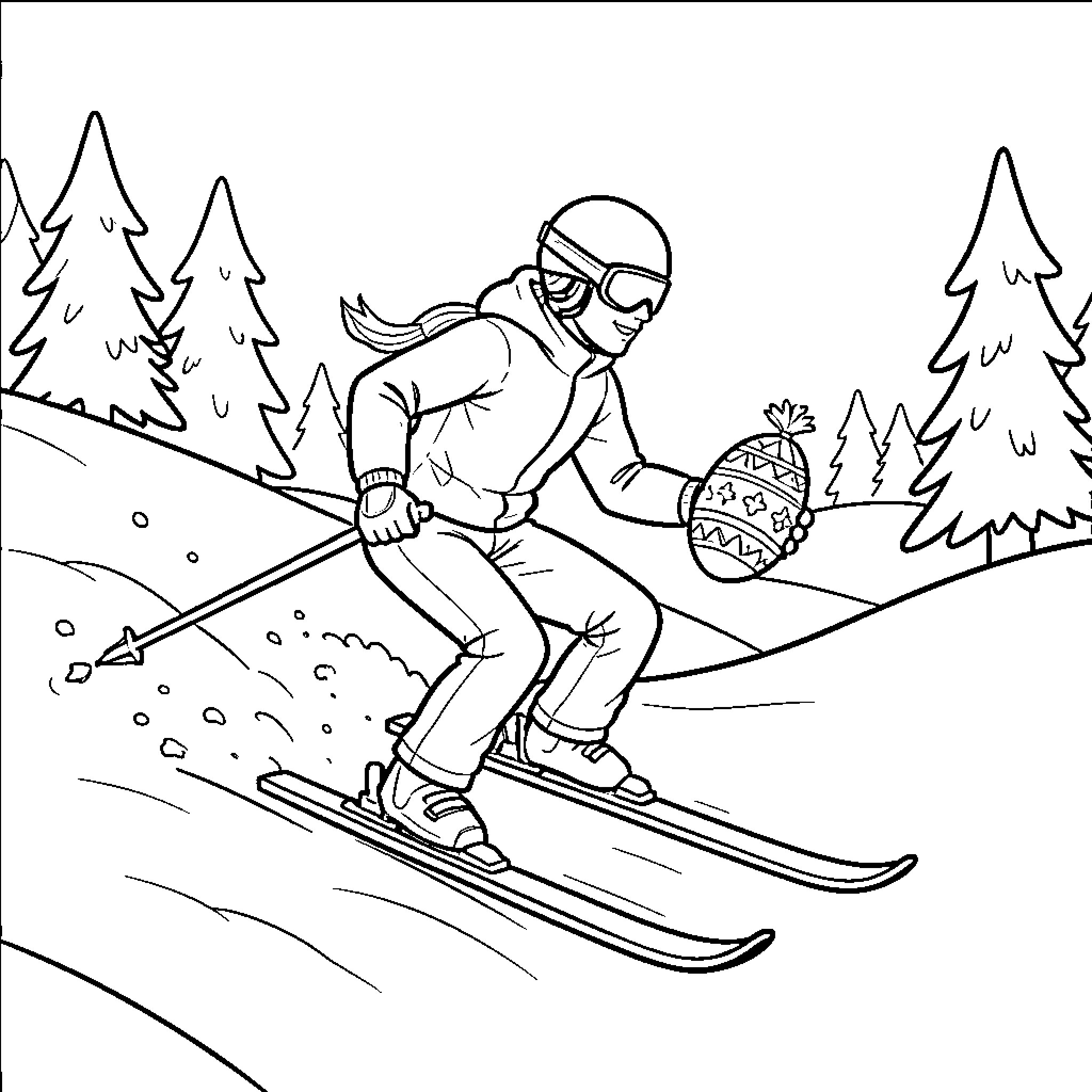 Skier skiing down snowy slope Coloring Page (free black-and-white line drawing printable PDF for all, from beginners to advanced learners, including children, teens, adults, and seniors)