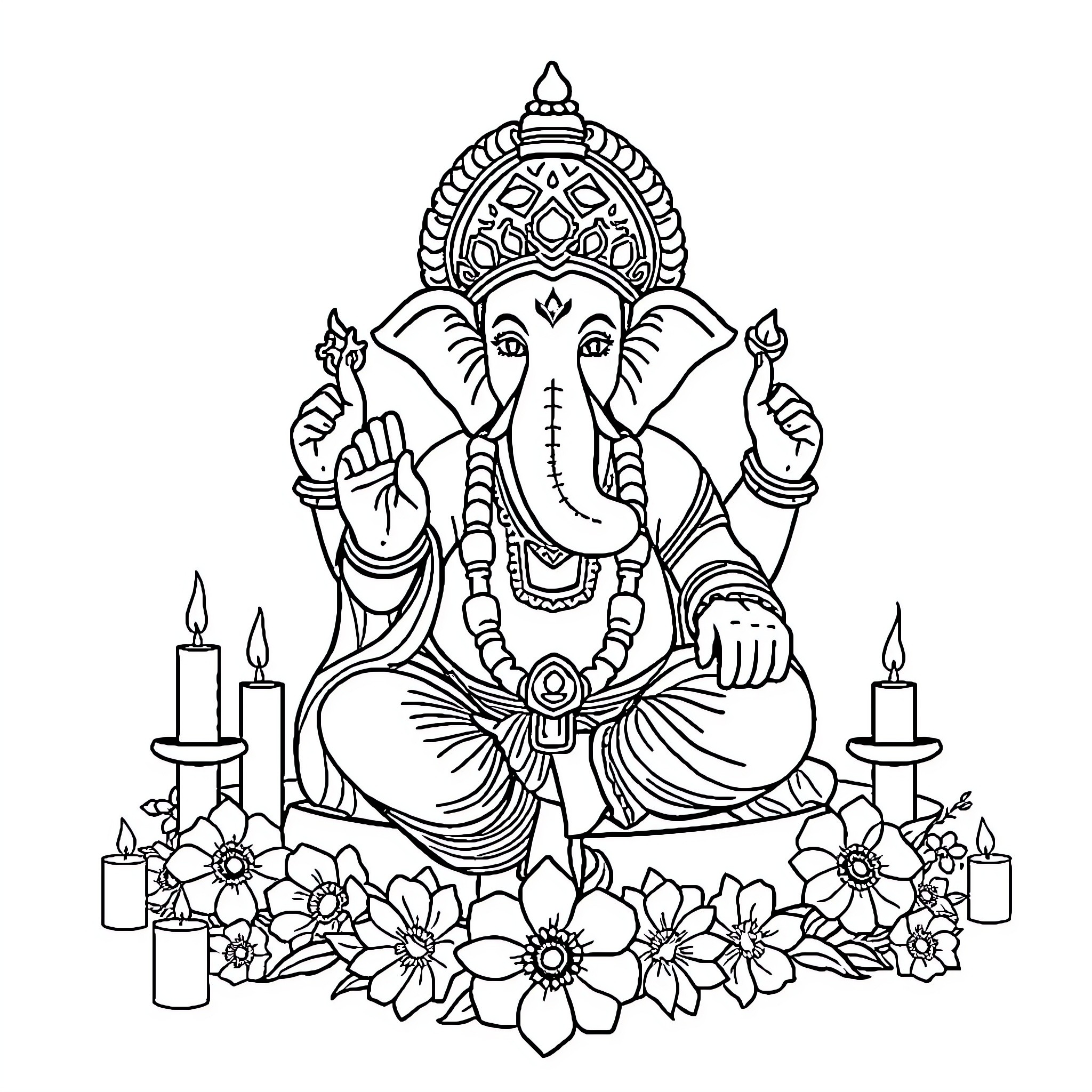 Ganpati Sitting Amidst Floral Decor Coloring Page (free black-and-white line drawing printable PDF for all, from beginners to advanced learners, including children, teens, adults, and seniors)
