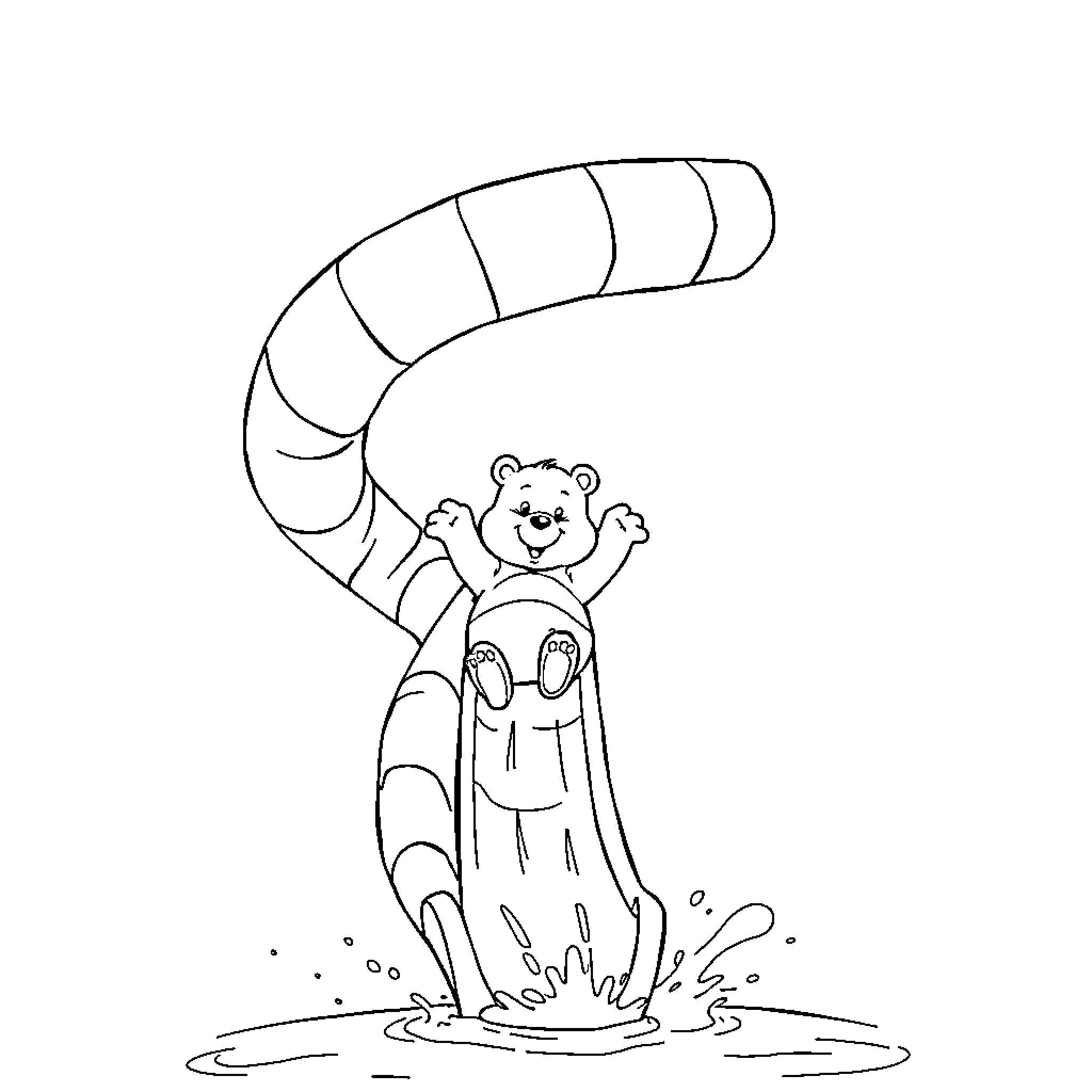 Care Bear enjoying a splashing adventure Coloring Page (free black-and-white line drawing printable PDF for all, from beginners to advanced learners, including children, teens, adults, and seniors)