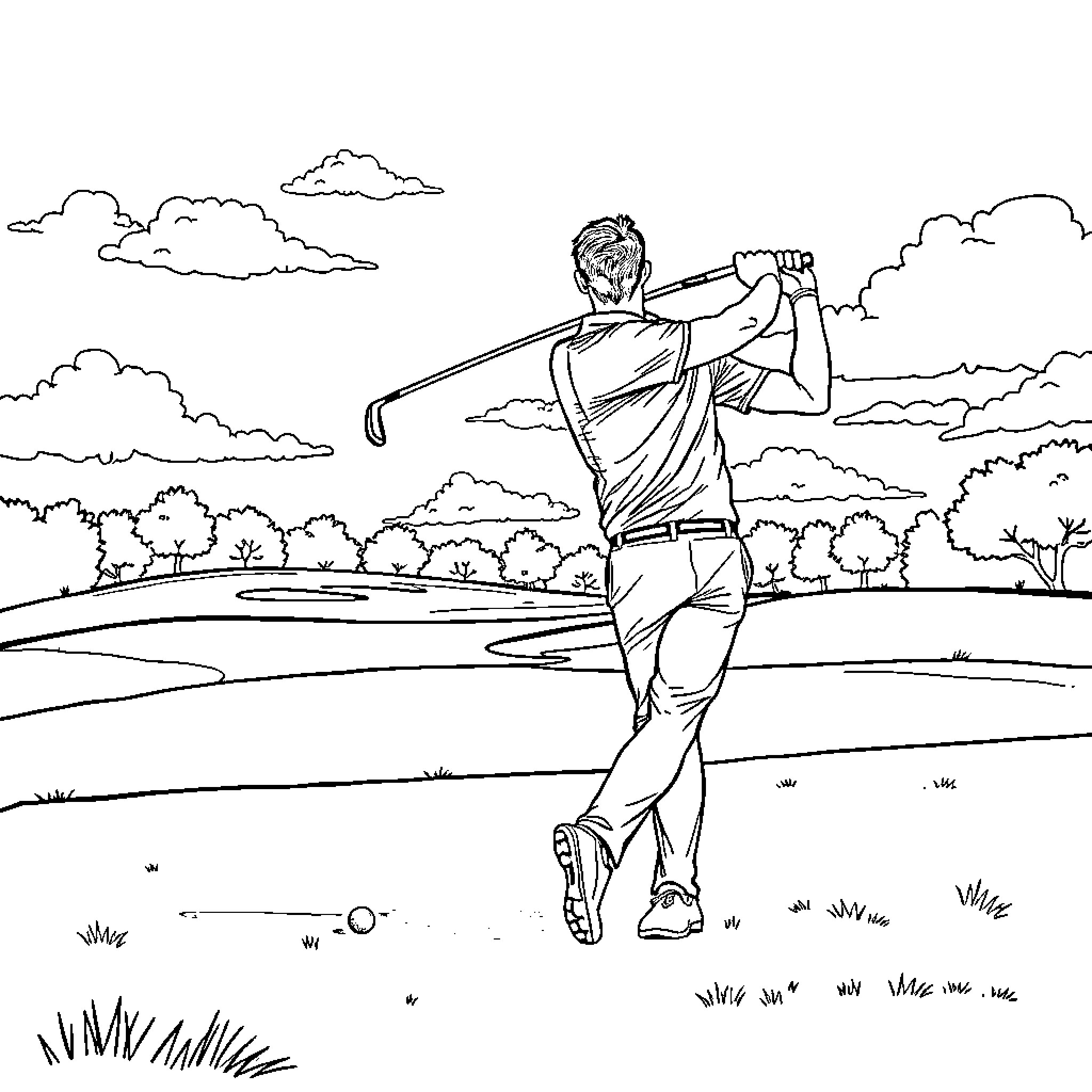 Ronaldo's Golfing Adventure in the Countryside Coloring Page (free black-and-white line drawing printable PDF for all, from beginners to advanced learners, including children, teens, adults, and seniors)