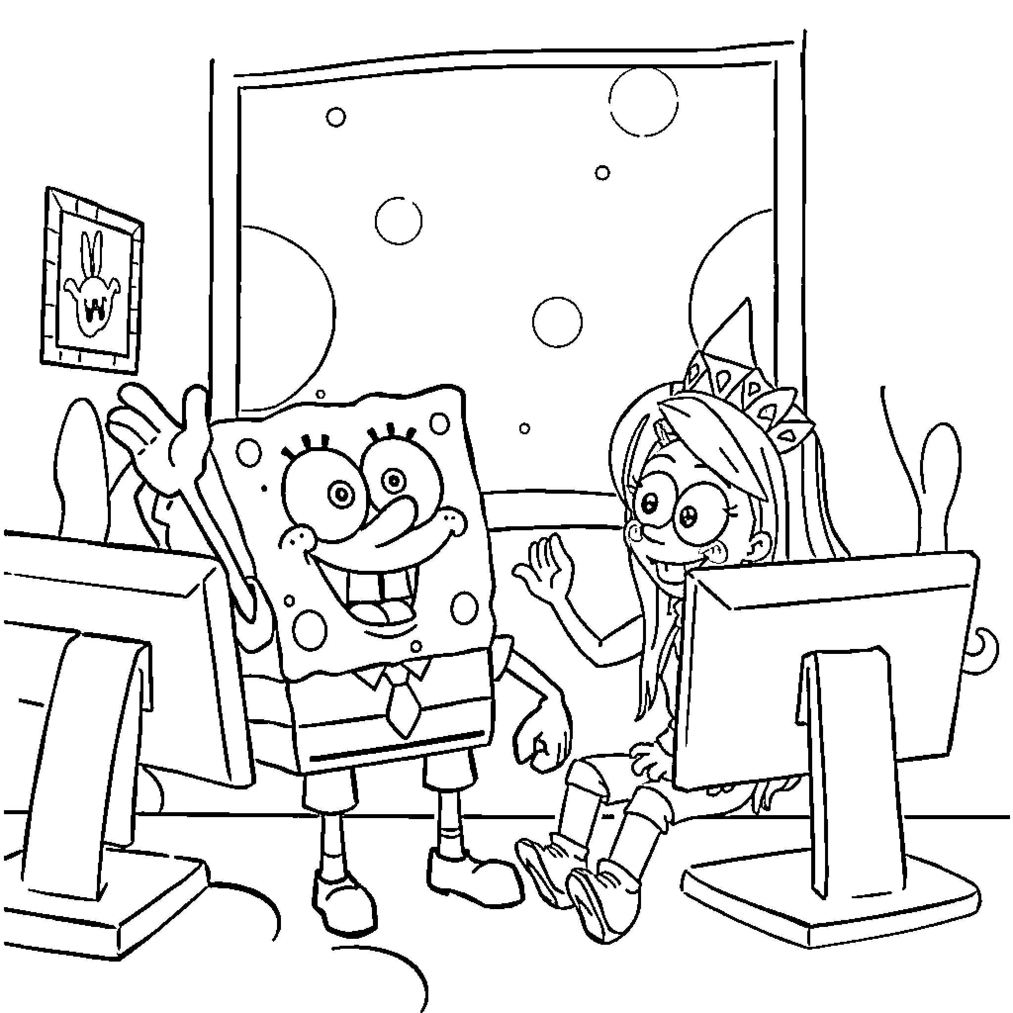 Spongebob and Patrick having fun in the classroom Coloring Page (free black-and-white line drawing printable PDF for all, from beginners to advanced learners, including children, teens, adults, and seniors)