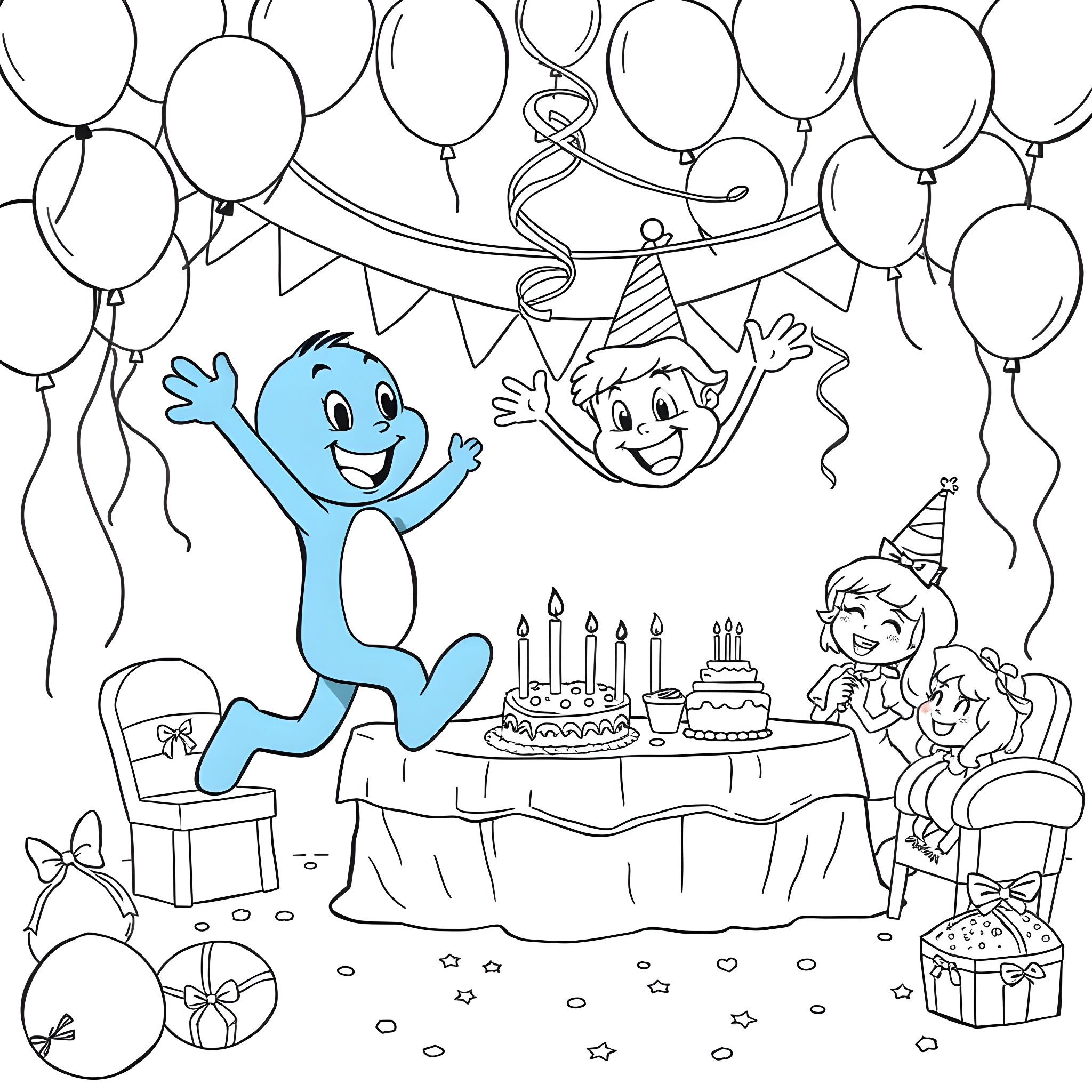 Bluey's Joyful Birthday Celebration Coloring Page (free black-and-white line drawing printable PDF for all, from beginners to advanced learners, including children, teens, adults, and seniors)