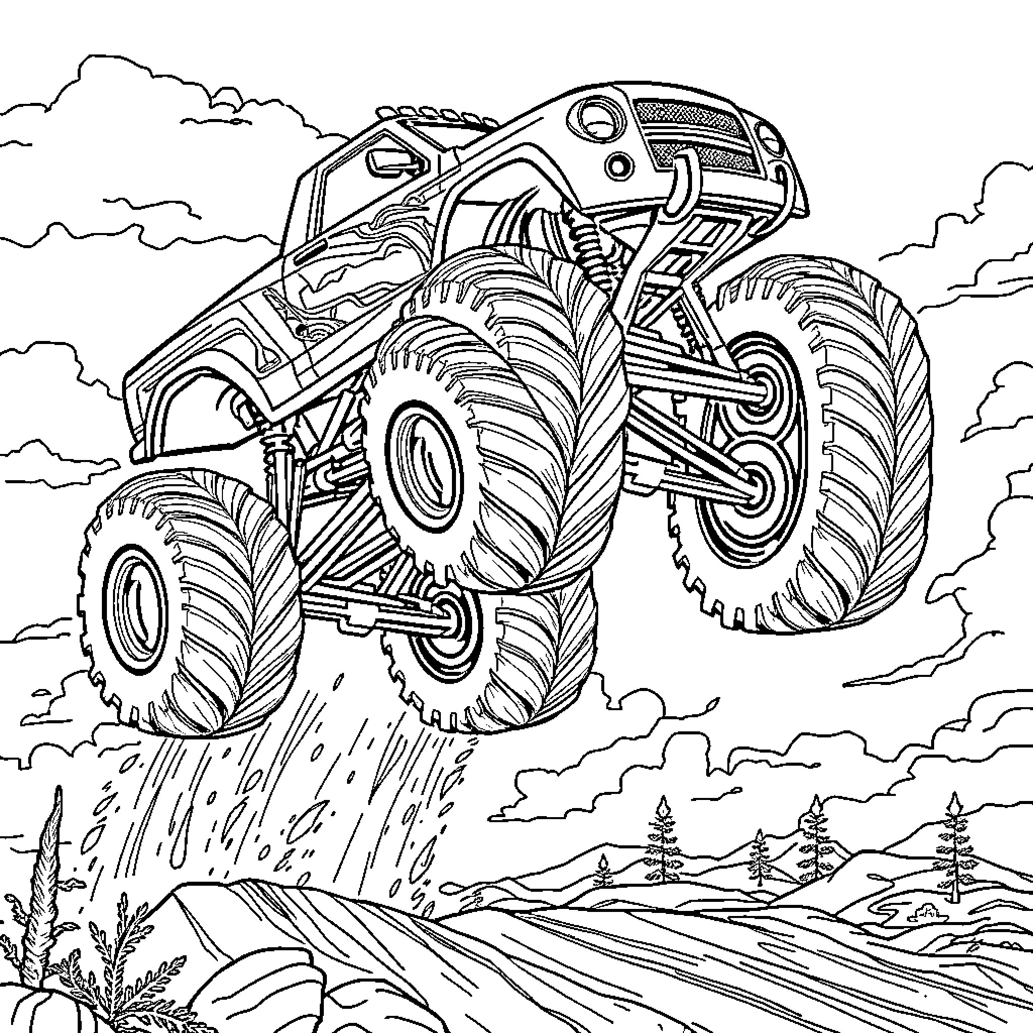 Monster Truck Racing Through the Countryside Coloring Page (free black-and-white line drawing printable PDF for all, from beginners to advanced learners, including children, teens, adults, and seniors)