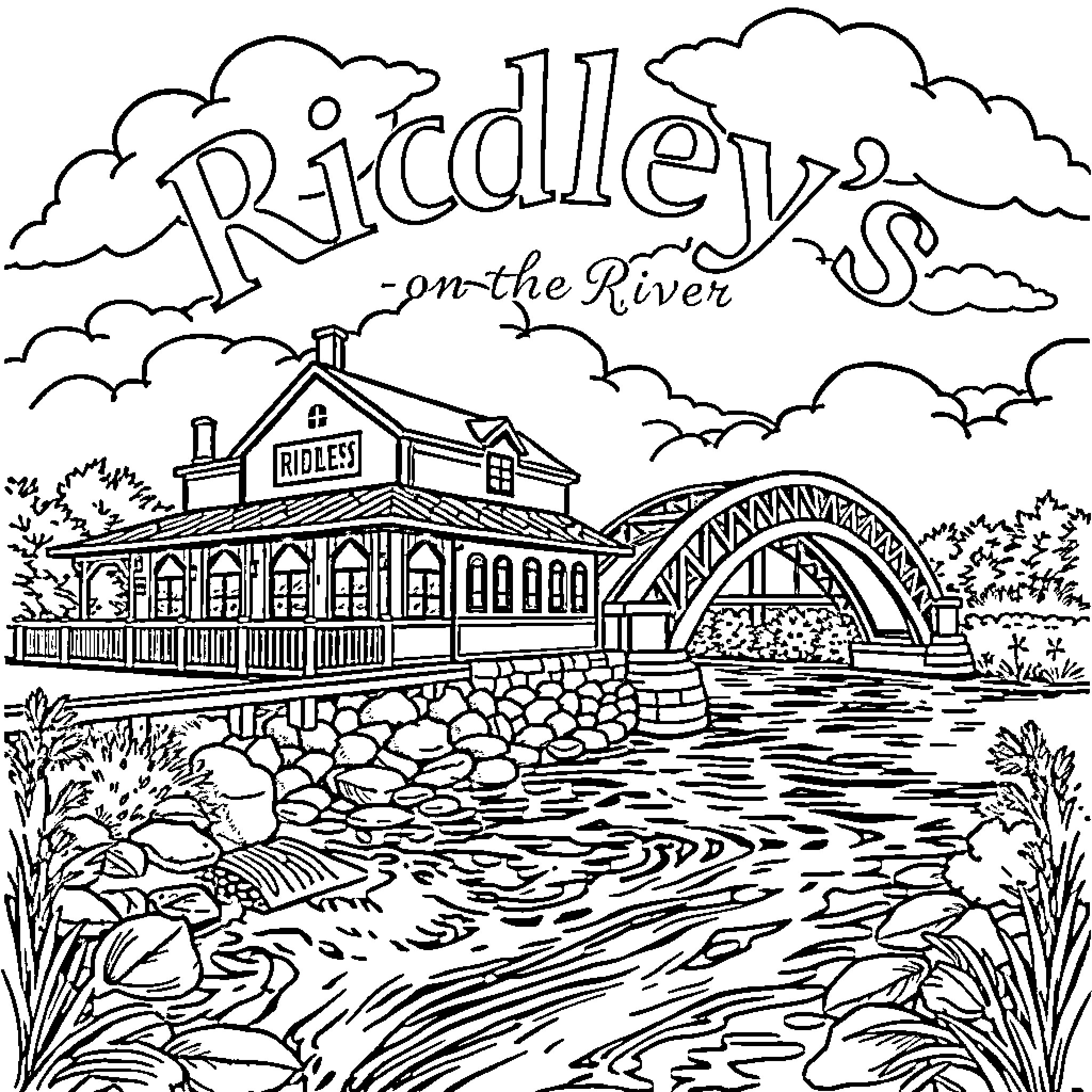 Logo of idyllic town on the river Coloring Page (free black-and-white line drawing printable PDF for all, from beginners to advanced learners, including children, teens, adults, and seniors)