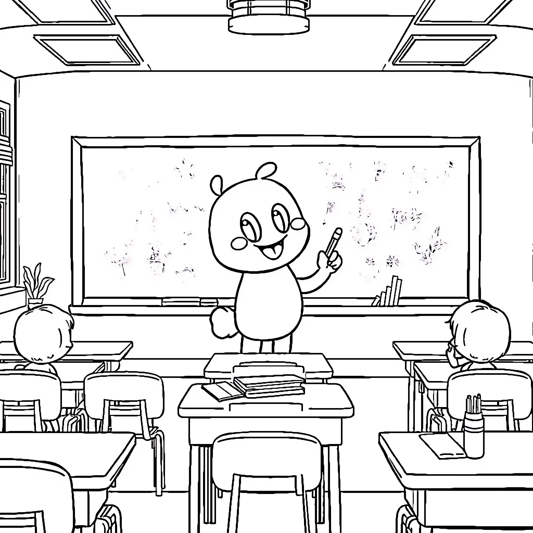Gouzou teaching students in the classroom Coloring Page (free black-and-white line drawing printable PDF for all, from beginners to advanced learners, including children, teens, adults, and seniors)