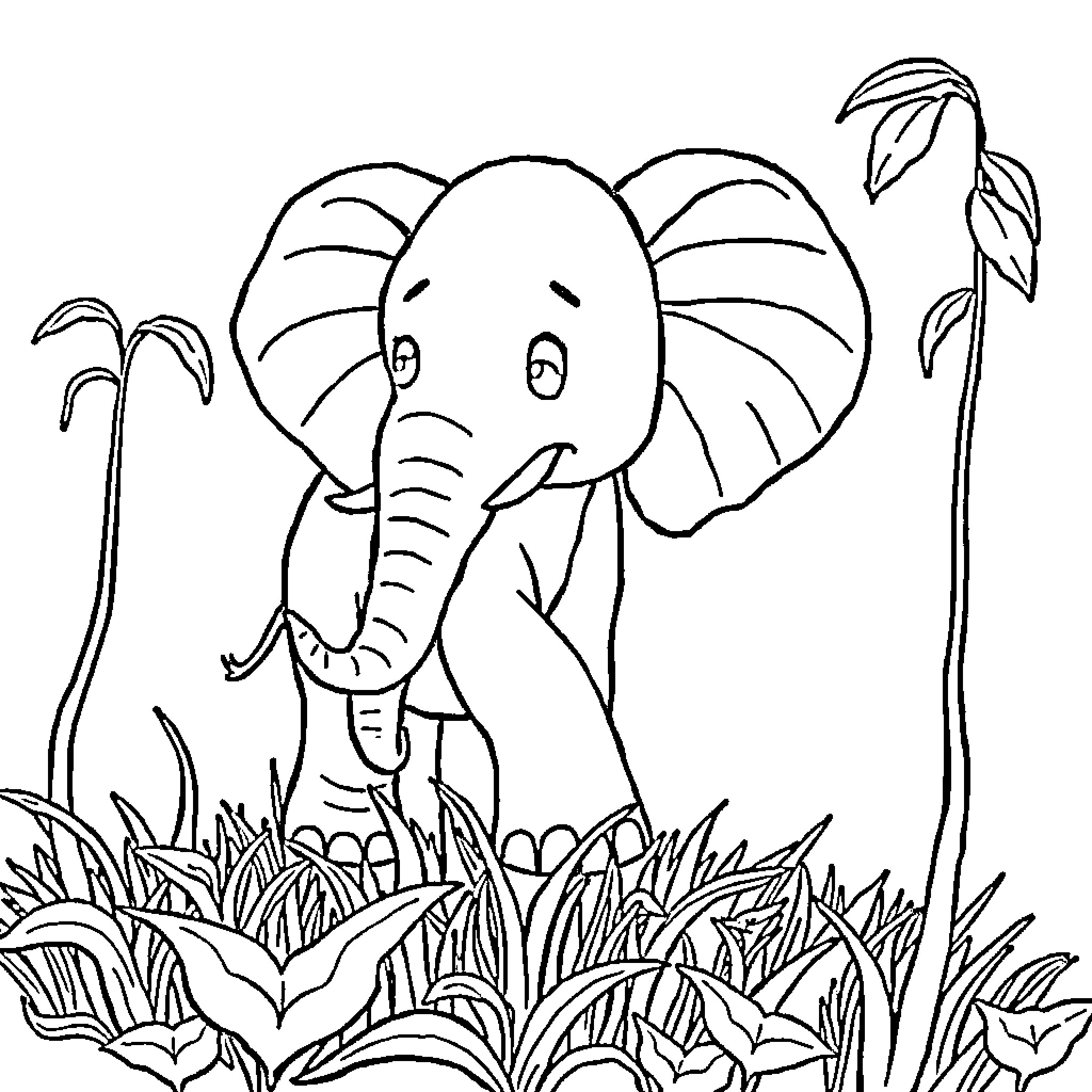 Elephant in a lush jungle scene Coloring Page (free black-and-white line drawing printable PDF for all, from beginners to advanced learners, including children, teens, adults, and seniors)