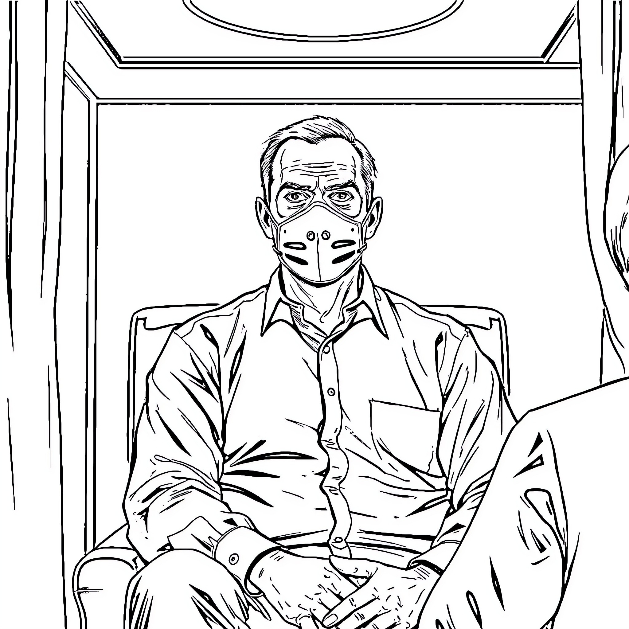 Hannibal Lecter in a Serious Pose with a Mask Coloring Page (free black-and-white line drawing printable PDF for all, from beginners to advanced learners, including children, teens, adults, and seniors)