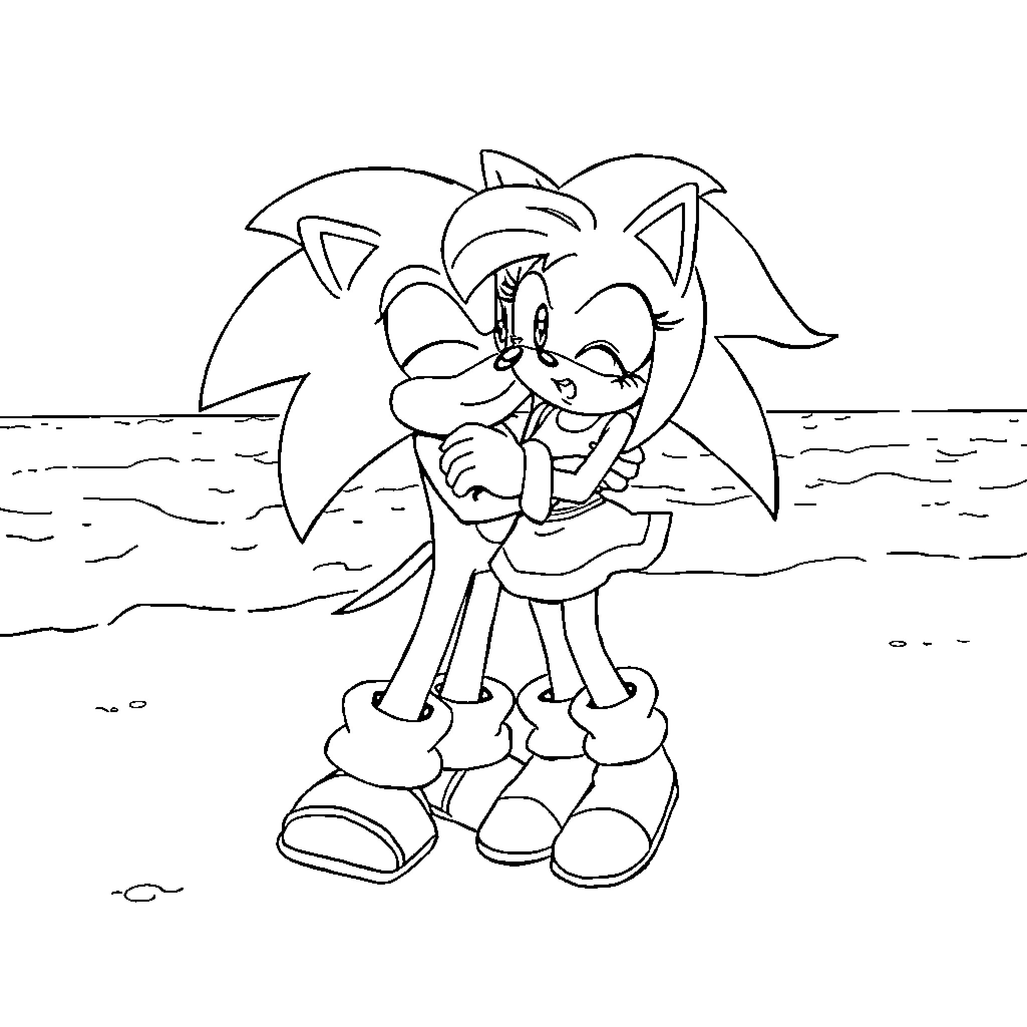Sonic characters playing on the beach Coloring Page (free black-and-white line drawing printable PDF for all, from beginners to advanced learners, including children, teens, adults, and seniors)