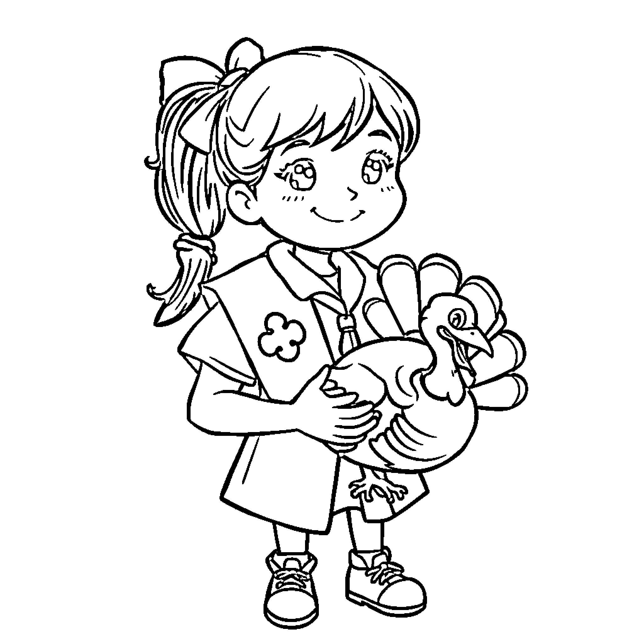 Girl Scout holding cute stuffed animal Coloring Page (free black-and-white line drawing printable PDF for all, from beginners to advanced learners, including children, teens, adults, and seniors)