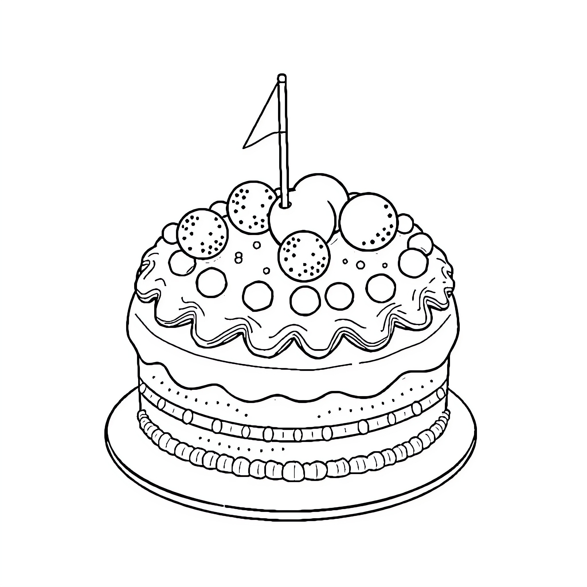 Golf Cake with Decorated Layers and Candle Coloring Page (free black-and-white line drawing printable PDF for all, from beginners to advanced learners, including children, teens, adults, and seniors)