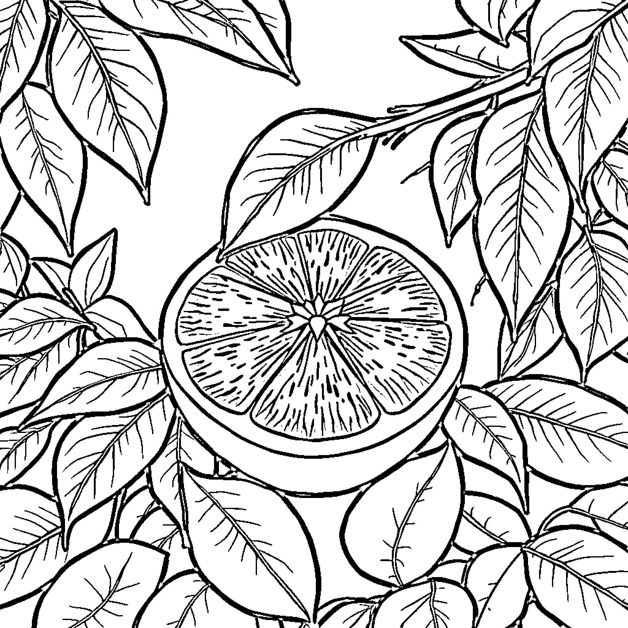 Orange tropical leaves and sliced citrus Coloring Page (free black-and-white line drawing printable PDF for all, from beginners to advanced learners, including children, teens, adults, and seniors)