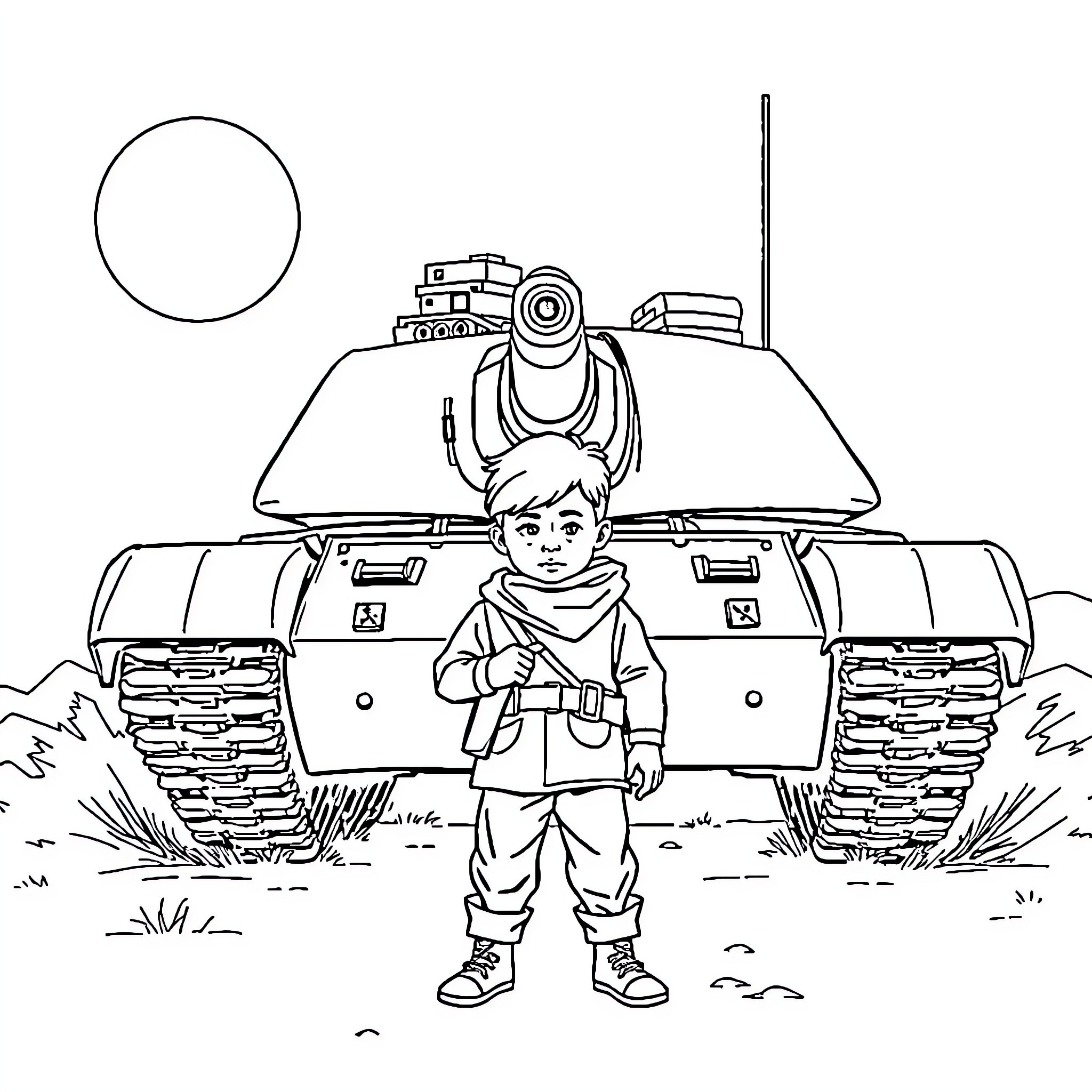 Child soldier operating a military tank Coloring Page (free black-and-white line drawing printable PDF for all, from beginners to advanced learners, including children, teens, adults, and seniors)