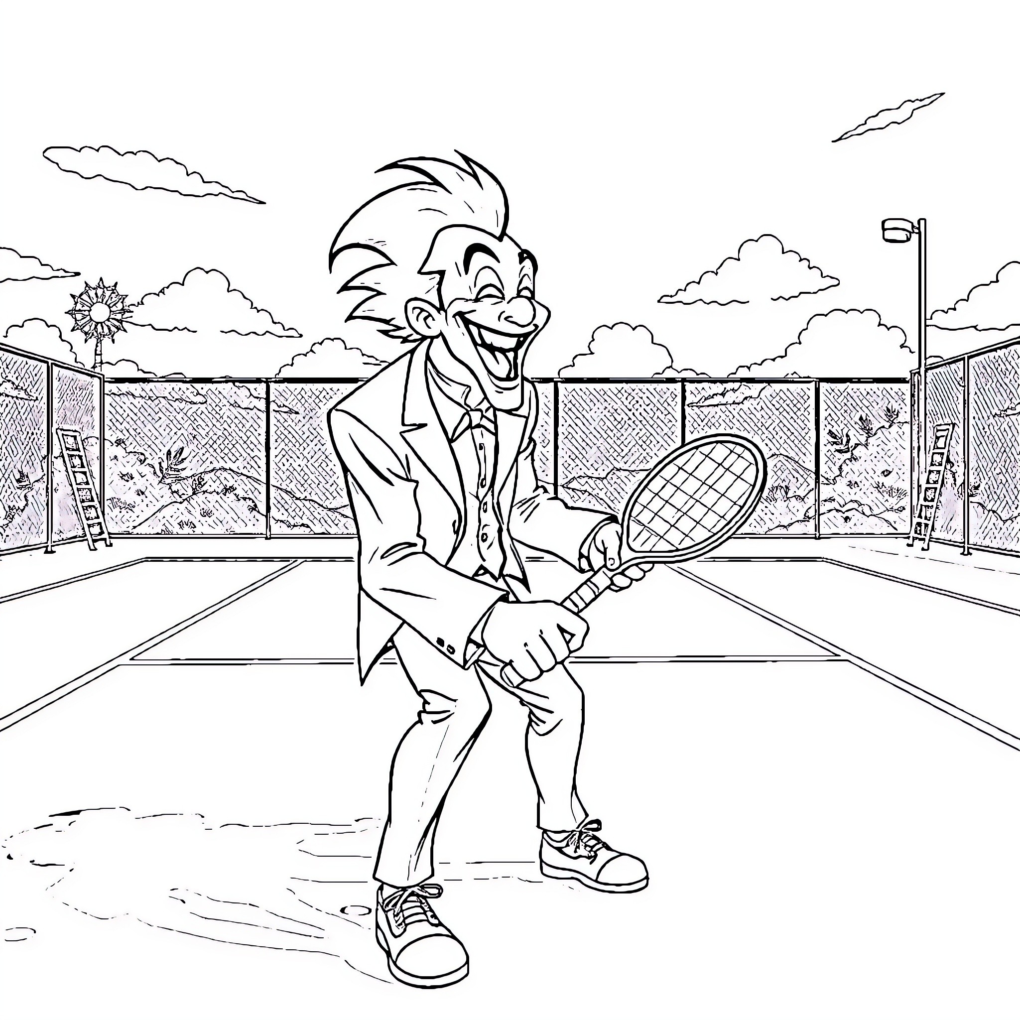 Joker playing tennis with a mischievous grin Coloring Page (free black-and-white line drawing printable PDF for all, from beginners to advanced learners, including children, teens, adults, and seniors)