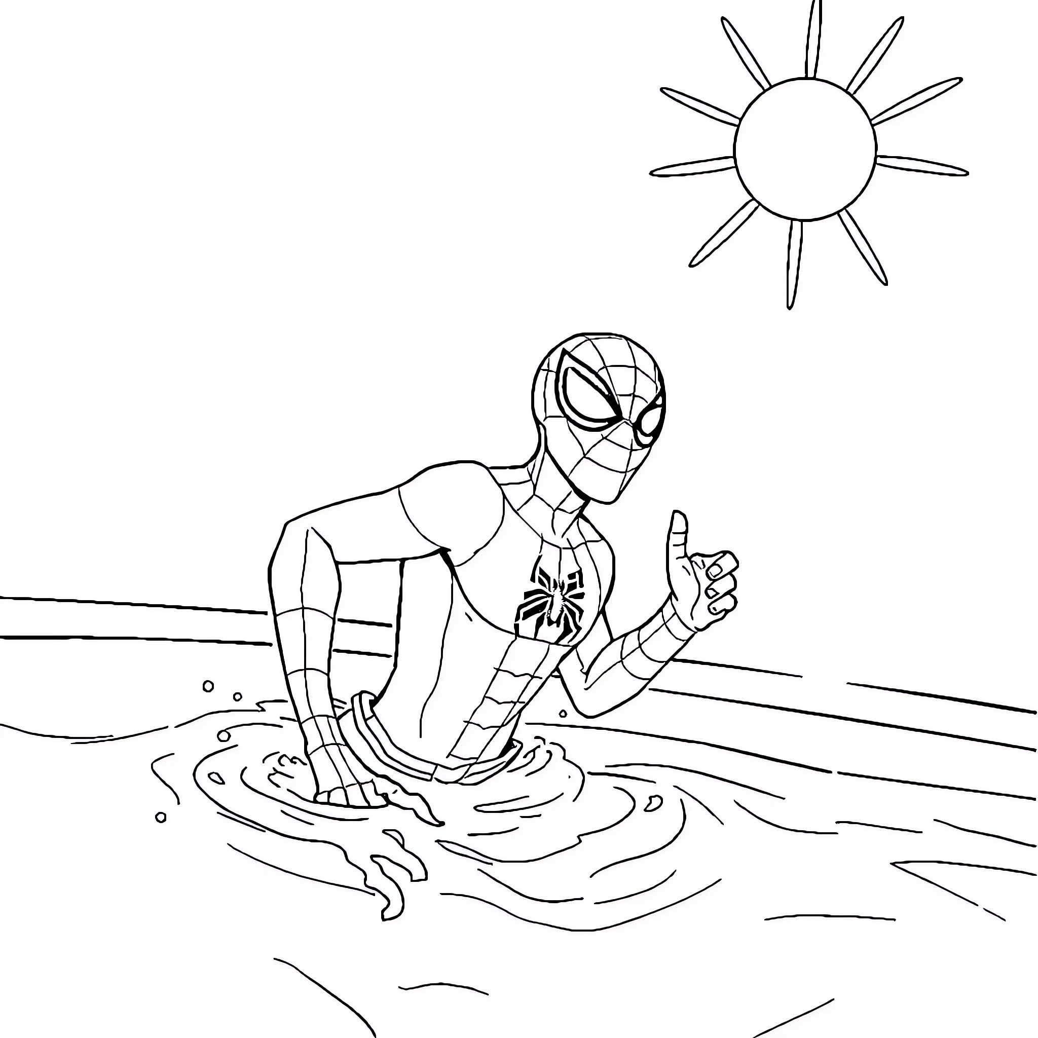 Spiderman swimming in the ocean under the sun Coloring Page (free black-and-white line drawing printable PDF for all, from beginners to advanced learners, including children, teens, adults, and seniors)
