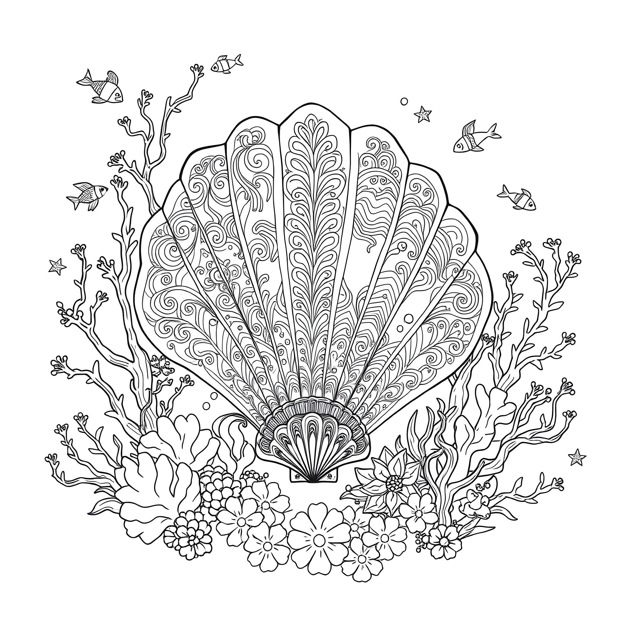 Seashell adorned with intricate floral patterns Coloring Page (free black-and-white line drawing printable PDF for all, from beginners to advanced learners, including children, teens, adults, and seniors)