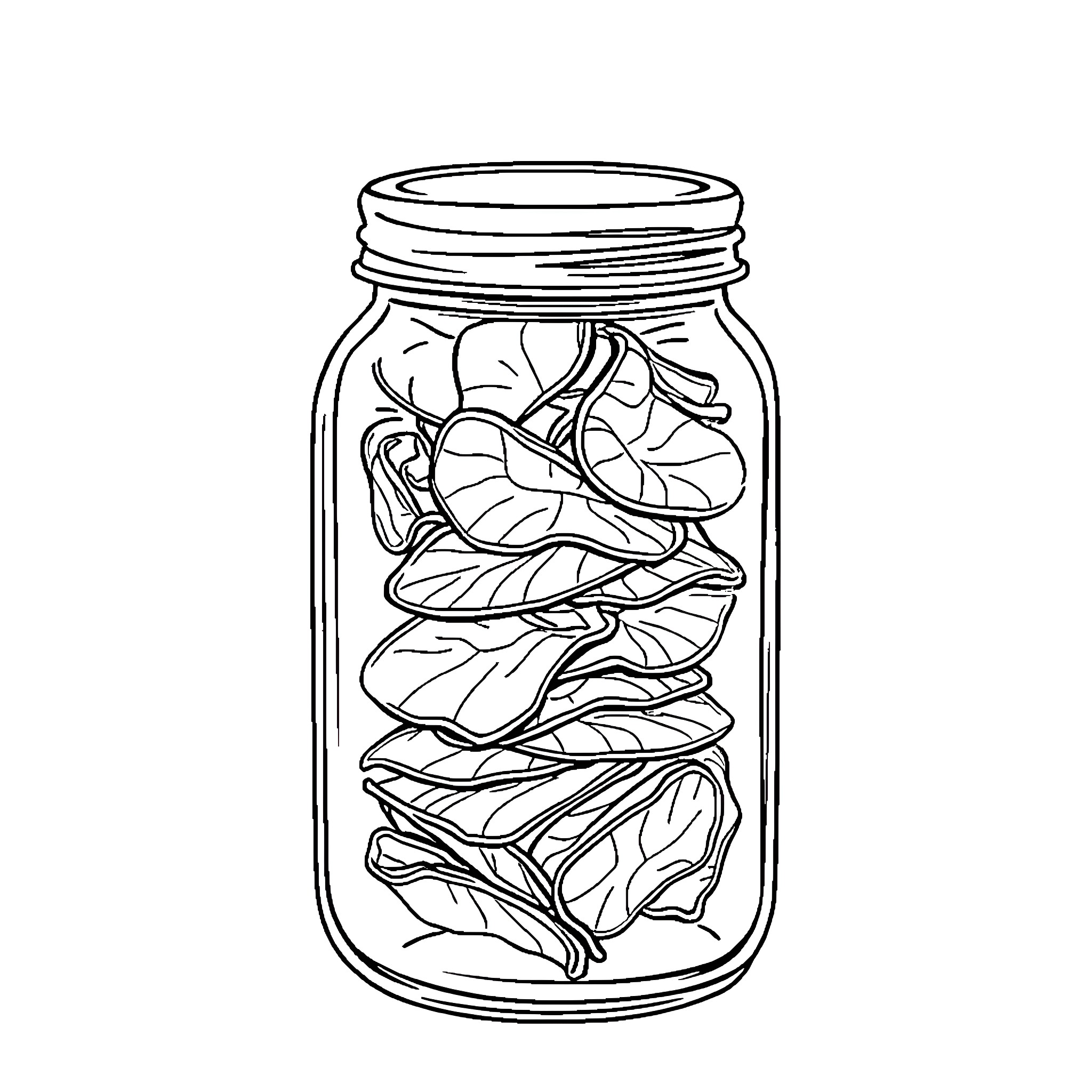 Pickle Jar Filled with Delectable Treats Coloring Page (free black-and-white line drawing printable PDF for all, from beginners to advanced learners, including children, teens, adults, and seniors)