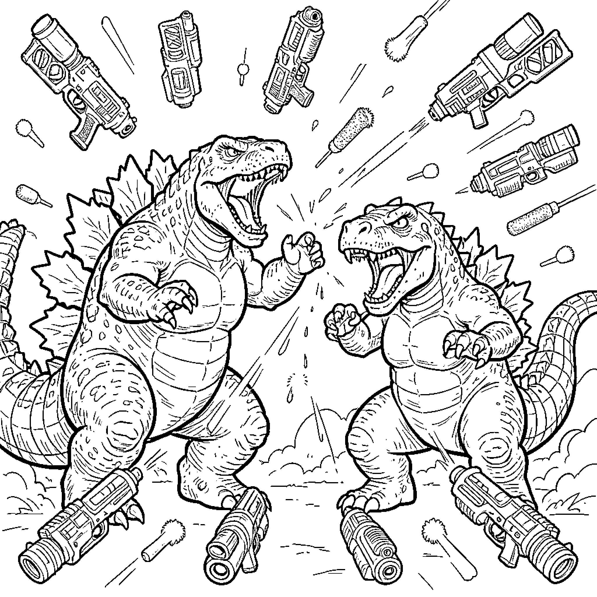 Godzilla-style monsters battling with futuristic weapons Coloring Page (free black-and-white line drawing printable PDF for all, from beginners to advanced learners, including children, teens, adults, and seniors)