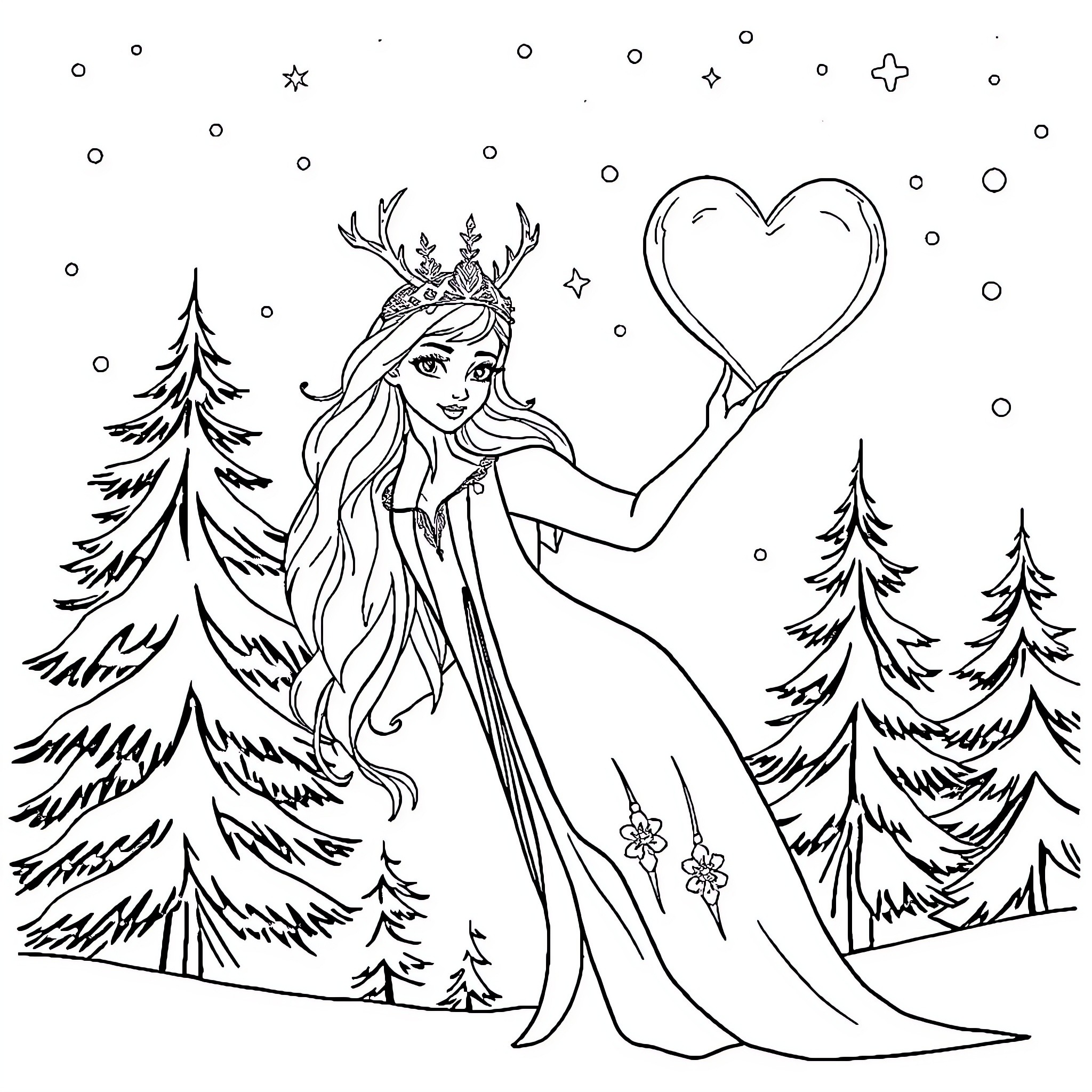 Reine des Neiges: Winter princess in a snowy forest Coloring Page (free black-and-white line drawing printable PDF for all, from beginners to advanced learners, including children, teens, adults, and seniors)