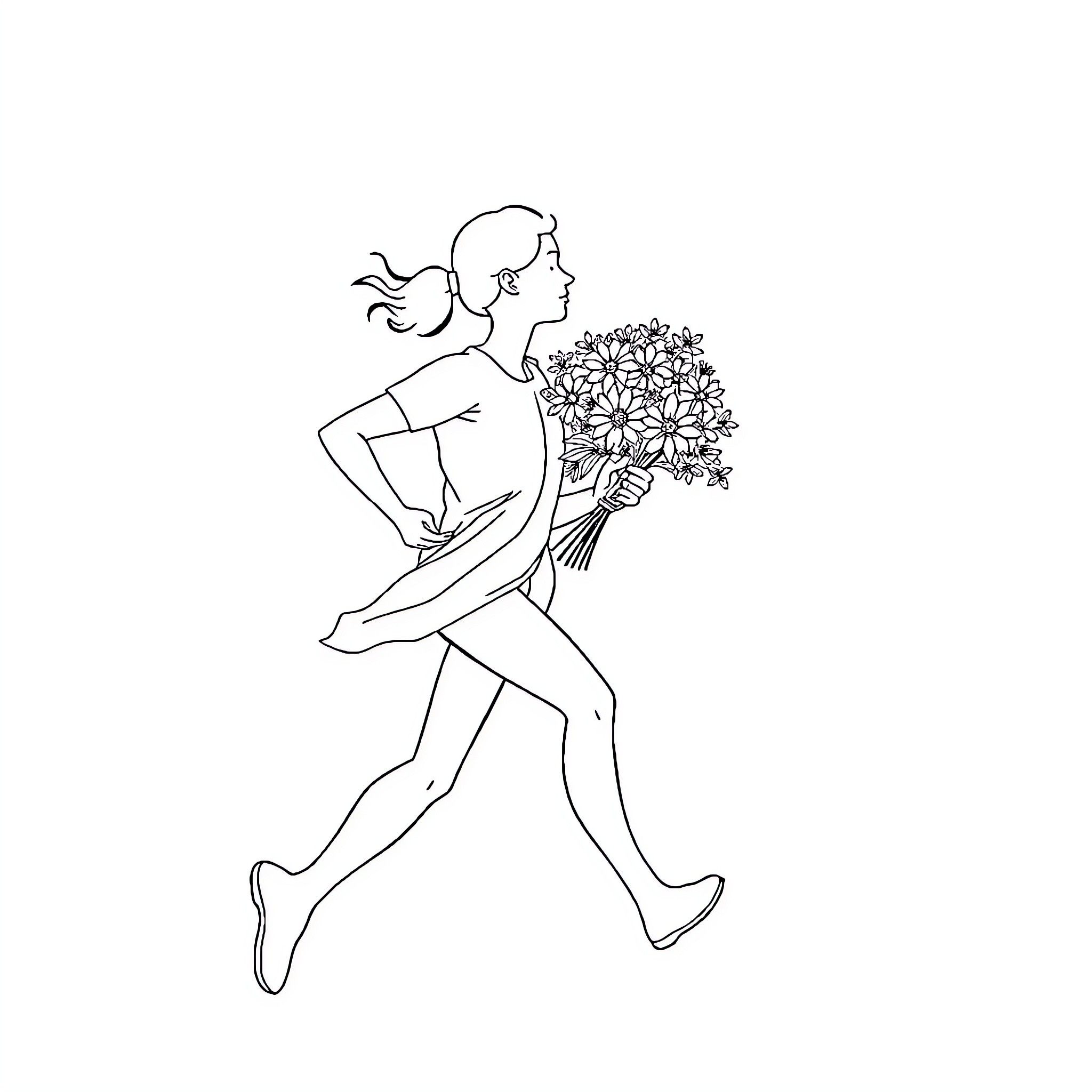 Runner holding a bouquet of flowers Coloring Page (free black-and-white line drawing printable PDF for all, from beginners to advanced learners, including children, teens, adults, and seniors)
