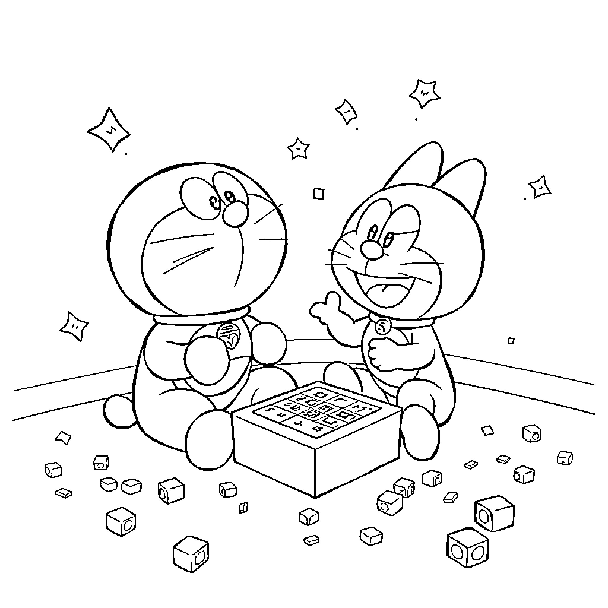 Doraemon and Friends Enjoying a Game Coloring Page (free black-and-white line drawing printable PDF for all, from beginners to advanced learners, including children, teens, adults, and seniors)
