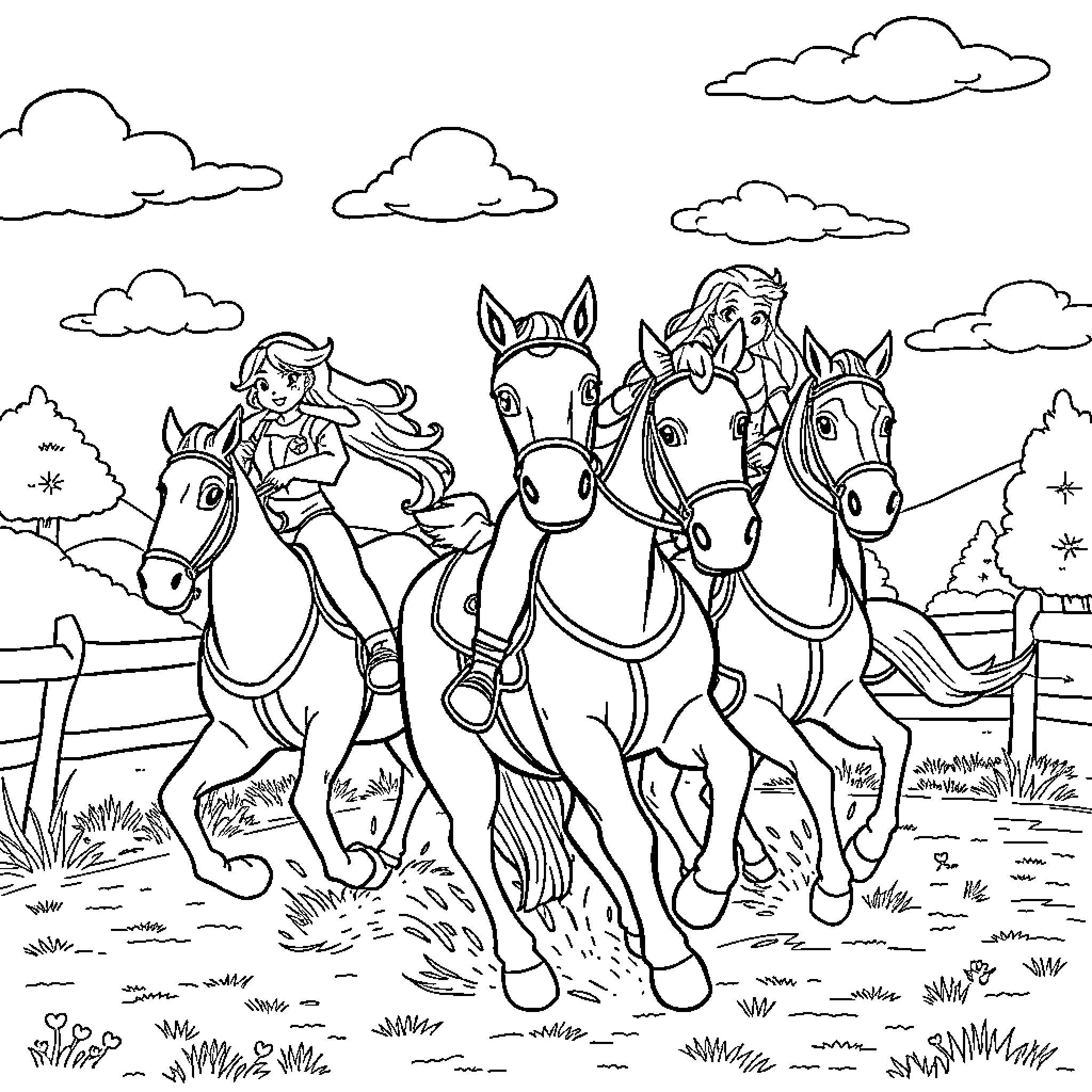 Bibi und Tina riding horses through the countryside Coloring Page (free black-and-white line drawing printable PDF for all, from beginners to advanced learners, including children, teens, adults, and seniors)